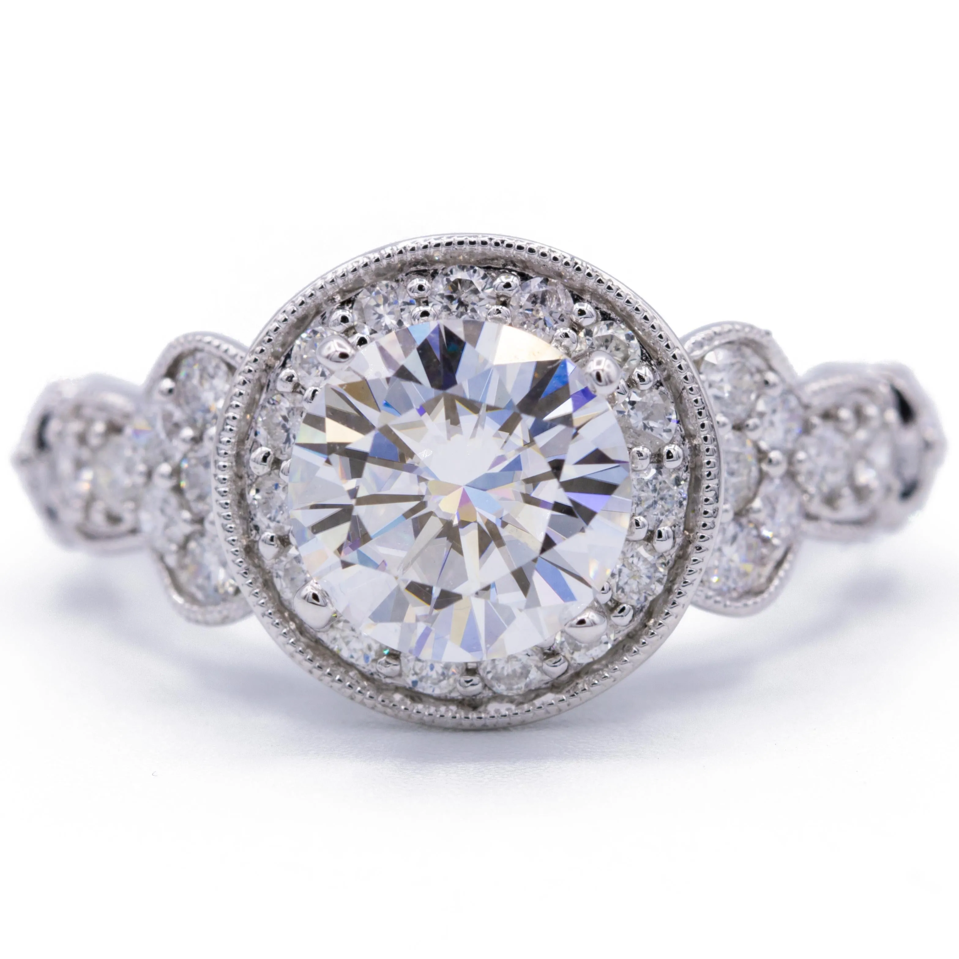 7.5mm Round Center 14K White Gold 4 Prong Halo Filigree Design