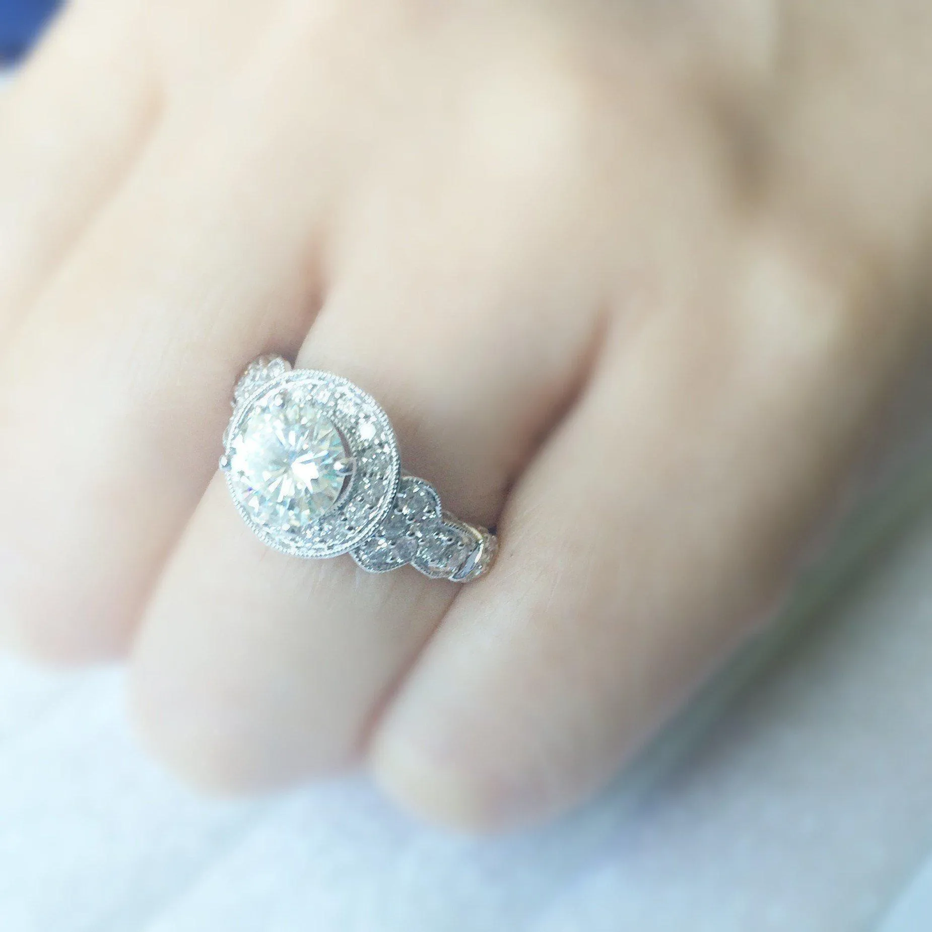 7.5mm Round Center 14K White Gold 4 Prong Halo Filigree Design