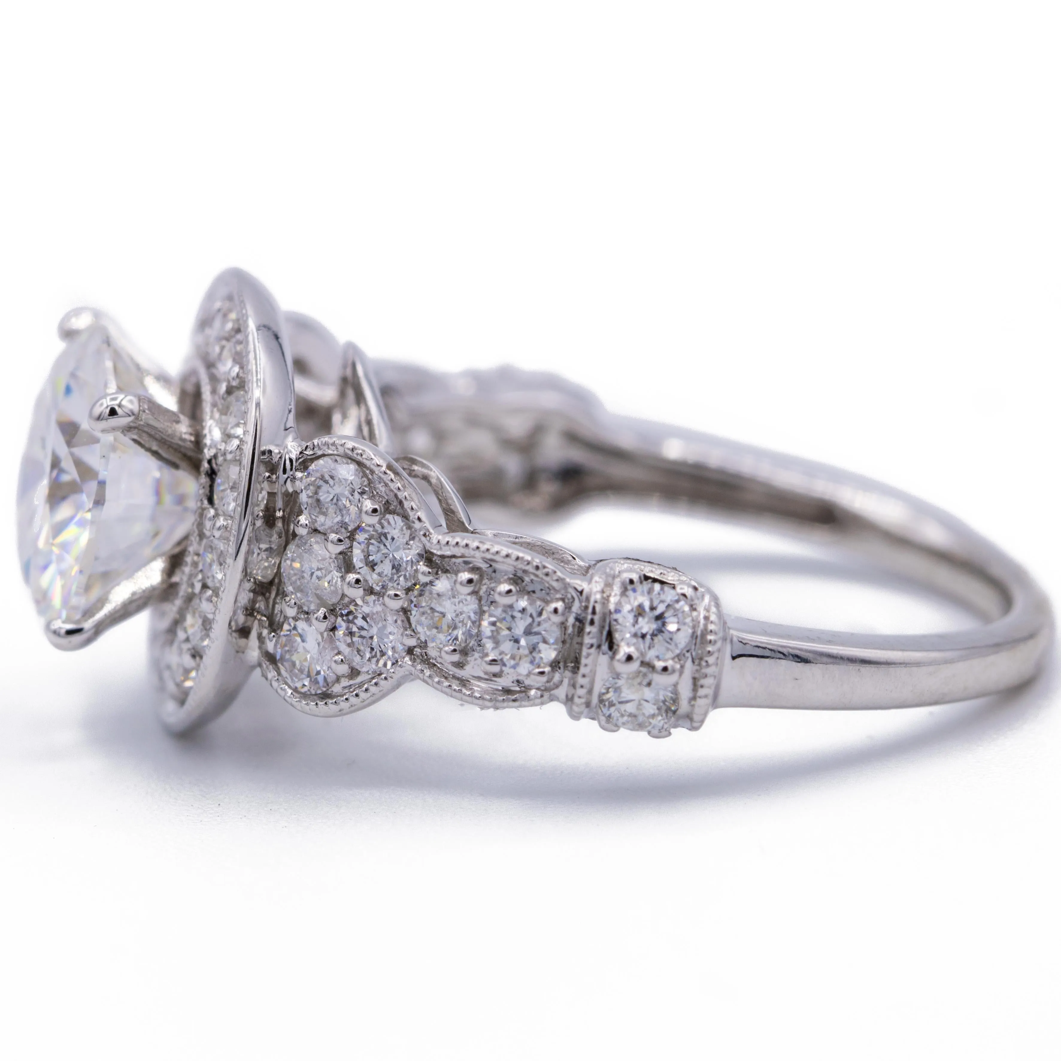 7.5mm Round Center 14K White Gold 4 Prong Halo Filigree Design