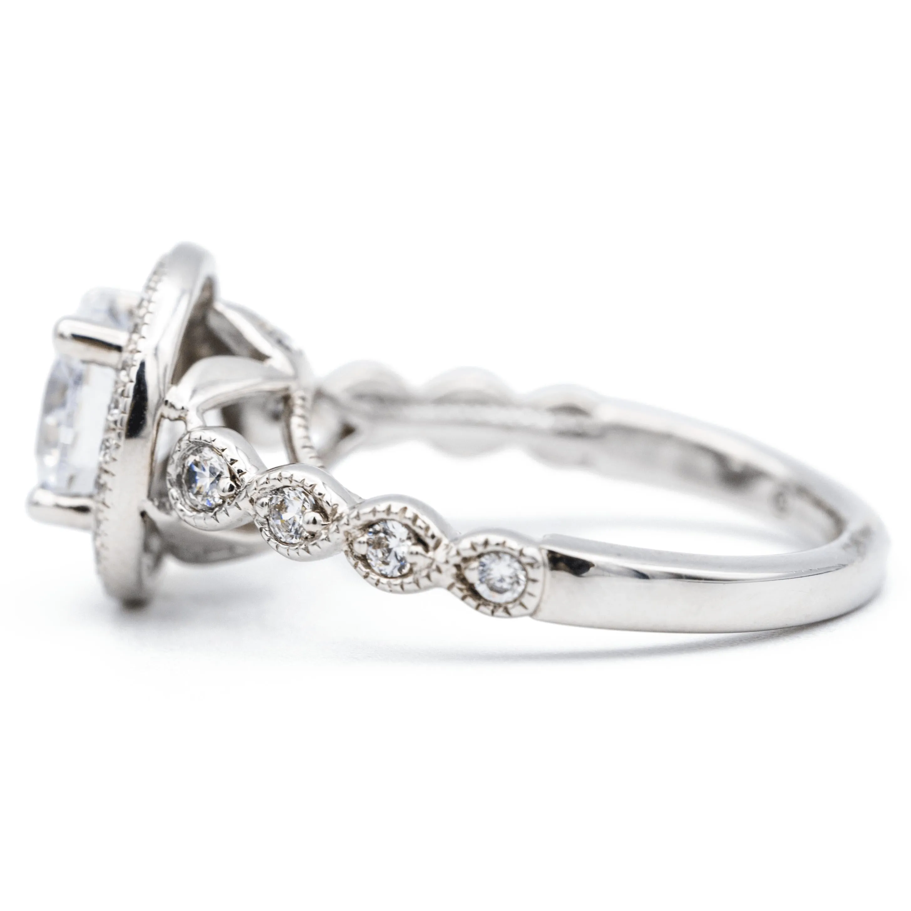7.5mm Round Center 14K White Solid Gold Diamond Halo Milgrain Design Ring