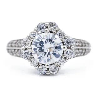 7.5mm Round Center 14K White Solid Gold Diamond Halo Shank Ring