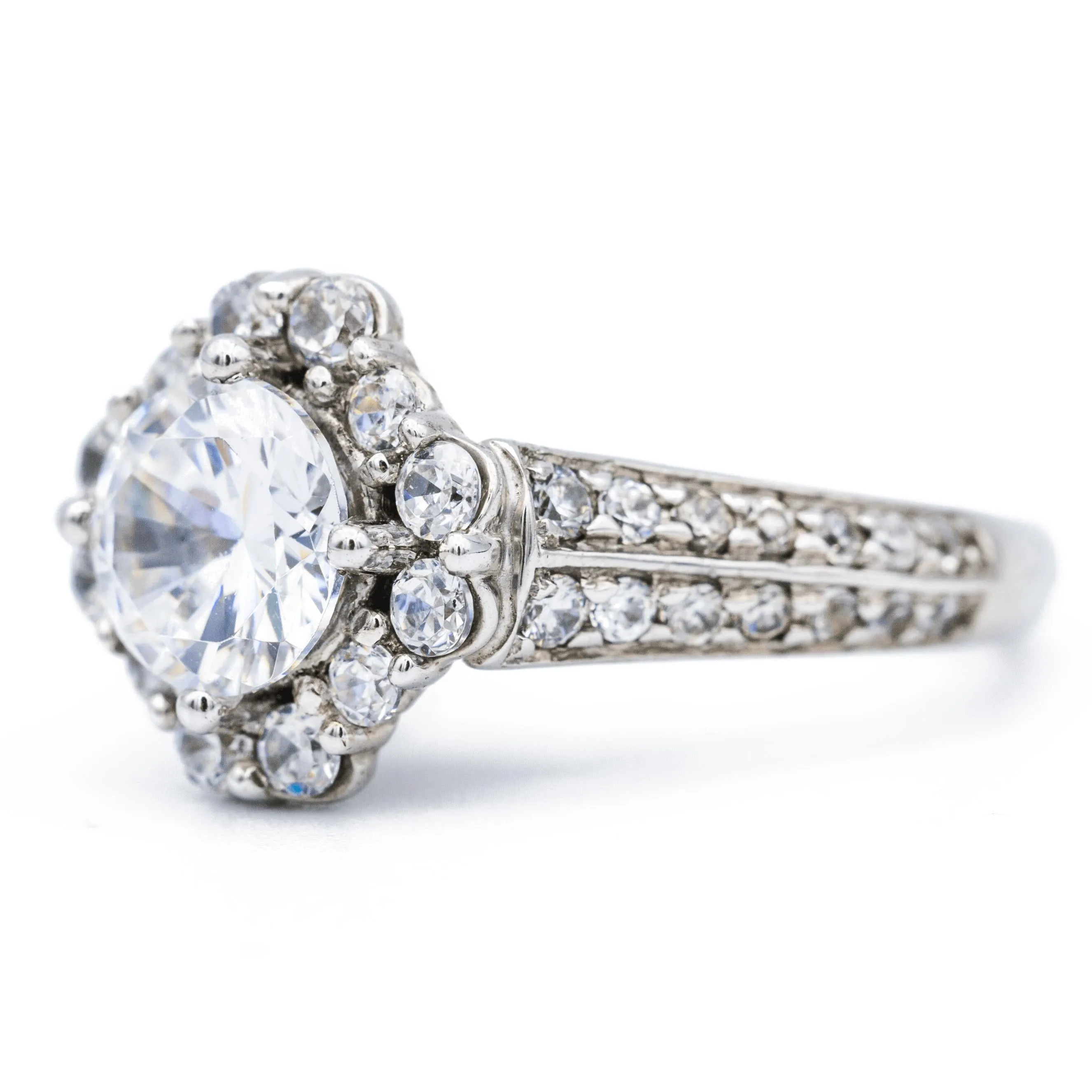 7.5mm Round Center 14K White Solid Gold Diamond Halo Shank Ring