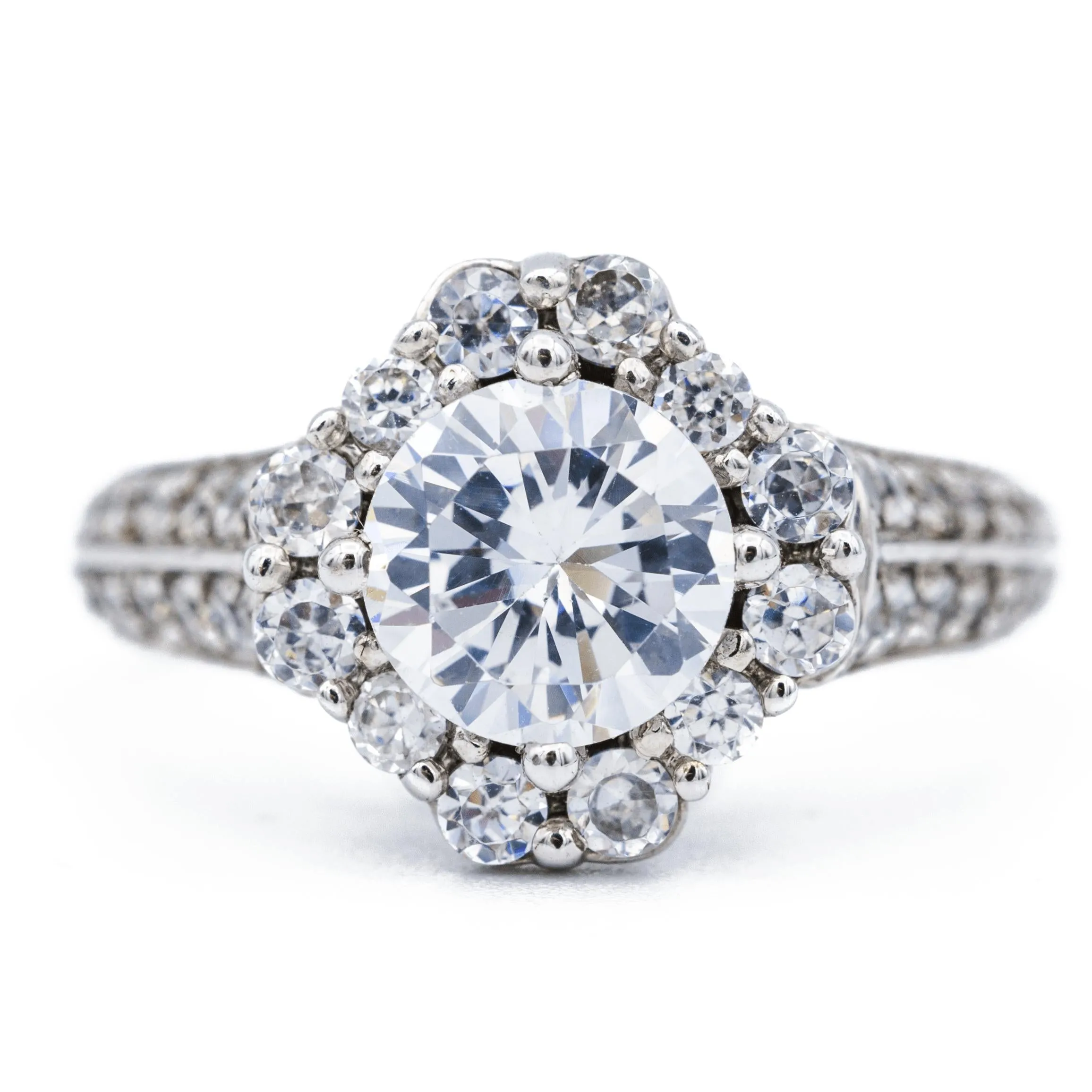 7.5mm Round Center 14K White Solid Gold Diamond Halo Shank Ring