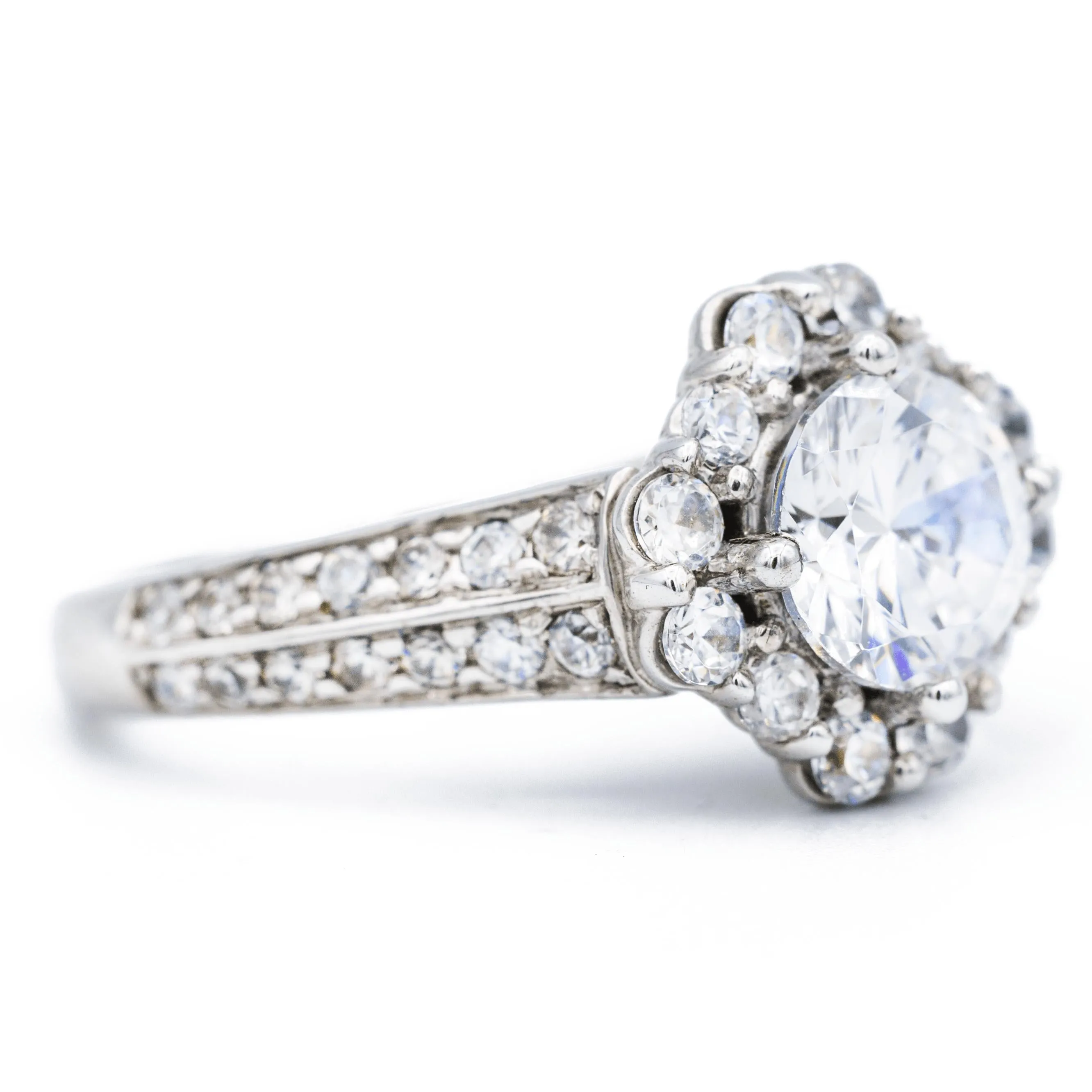 7.5mm Round Center 14K White Solid Gold Diamond Halo Shank Ring