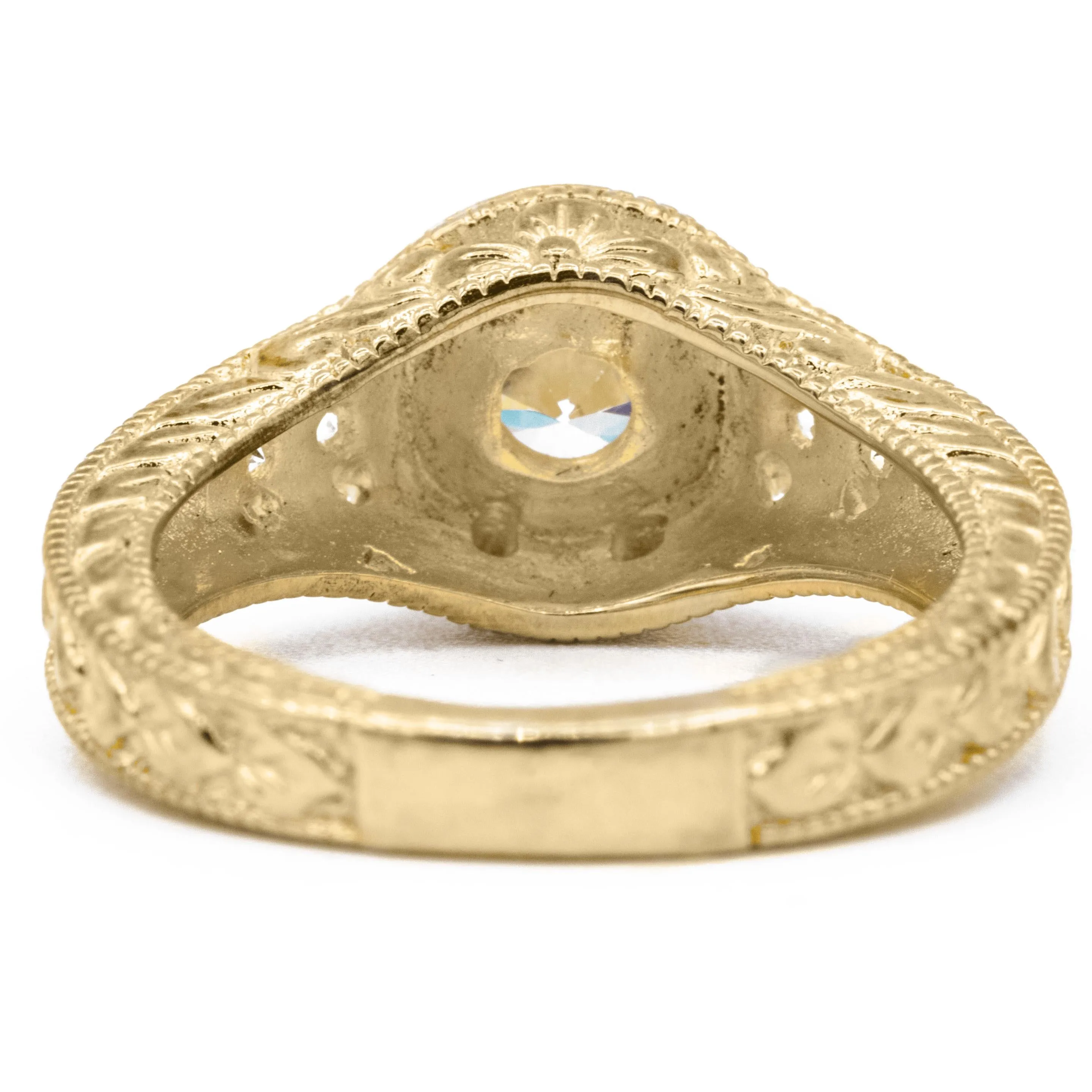 7.5mm Round Center 14K Yellow Gold 6 Prong Milgrain Filigree Diamond Shank Ring