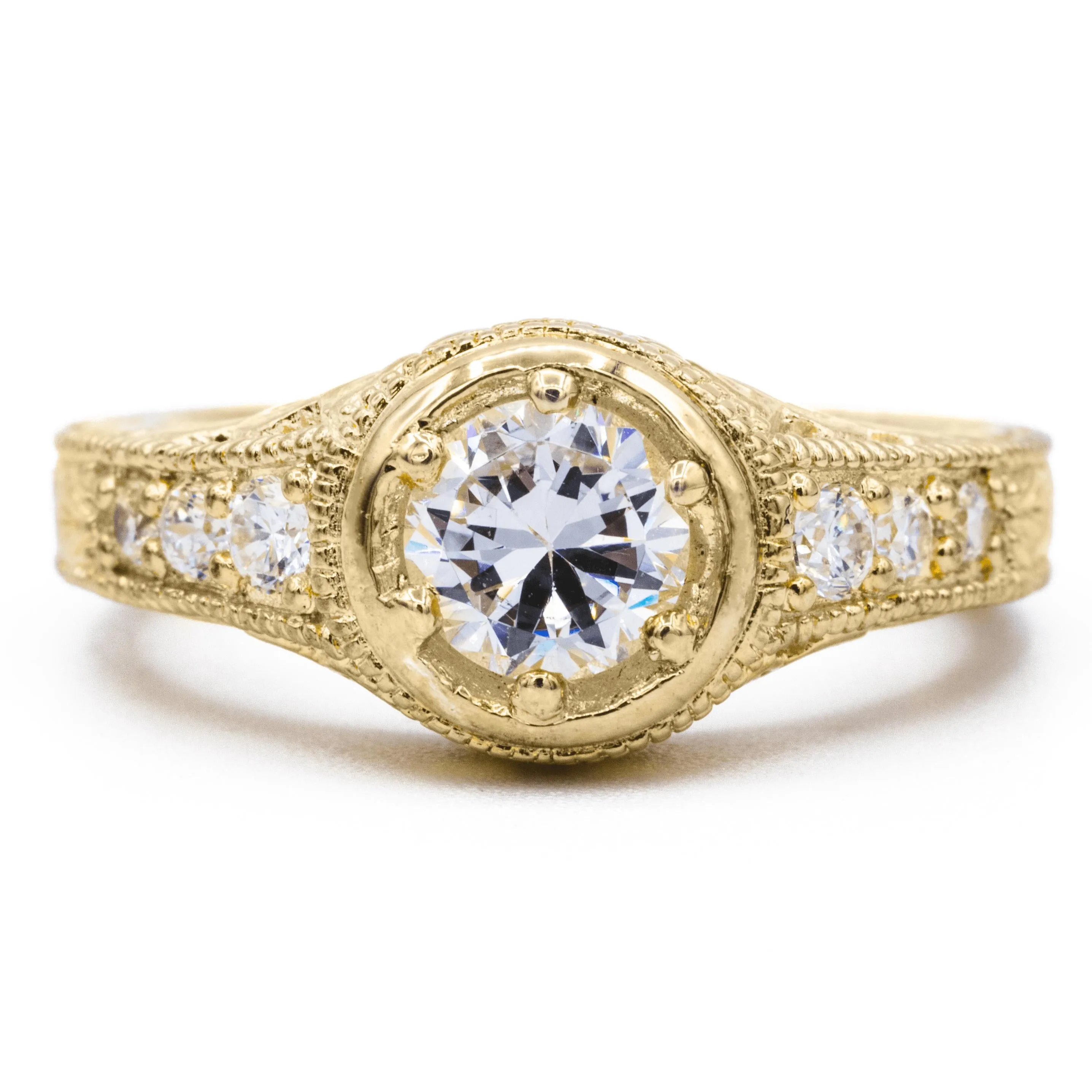 7.5mm Round Center 14K Yellow Gold 6 Prong Milgrain Filigree Diamond Shank Ring