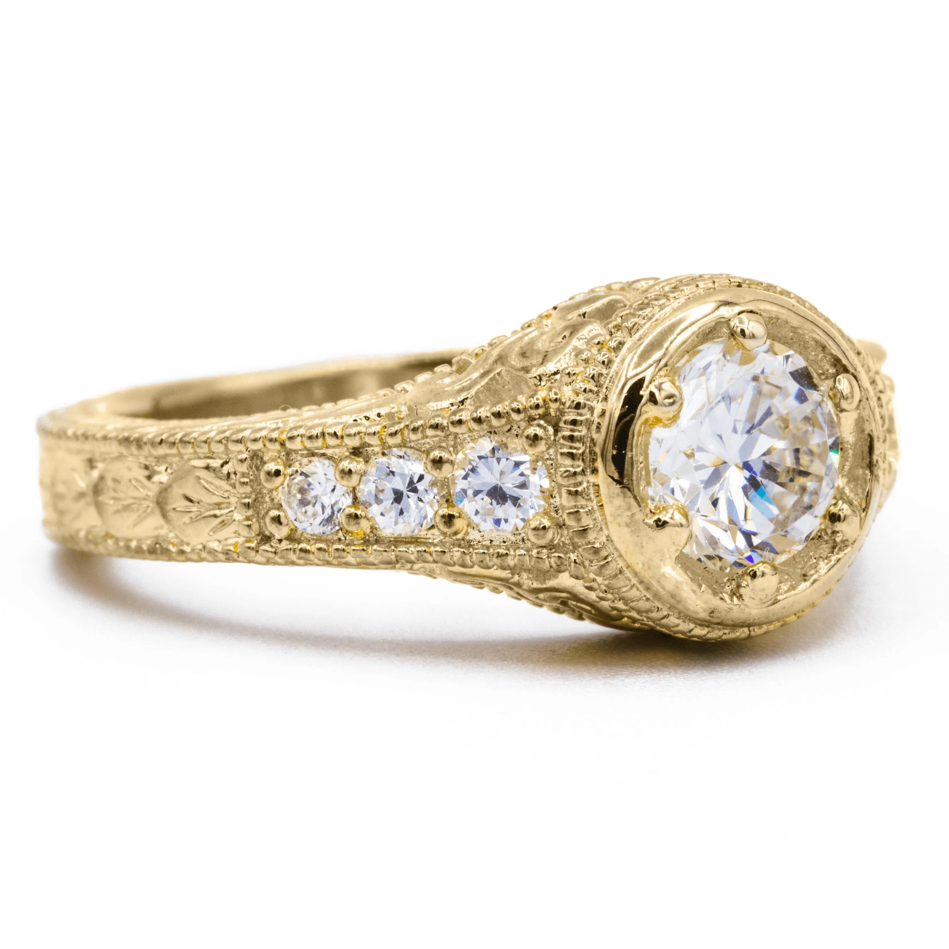 7.5mm Round Center 14K Yellow Gold 6 Prong Milgrain Filigree Diamond Shank Ring