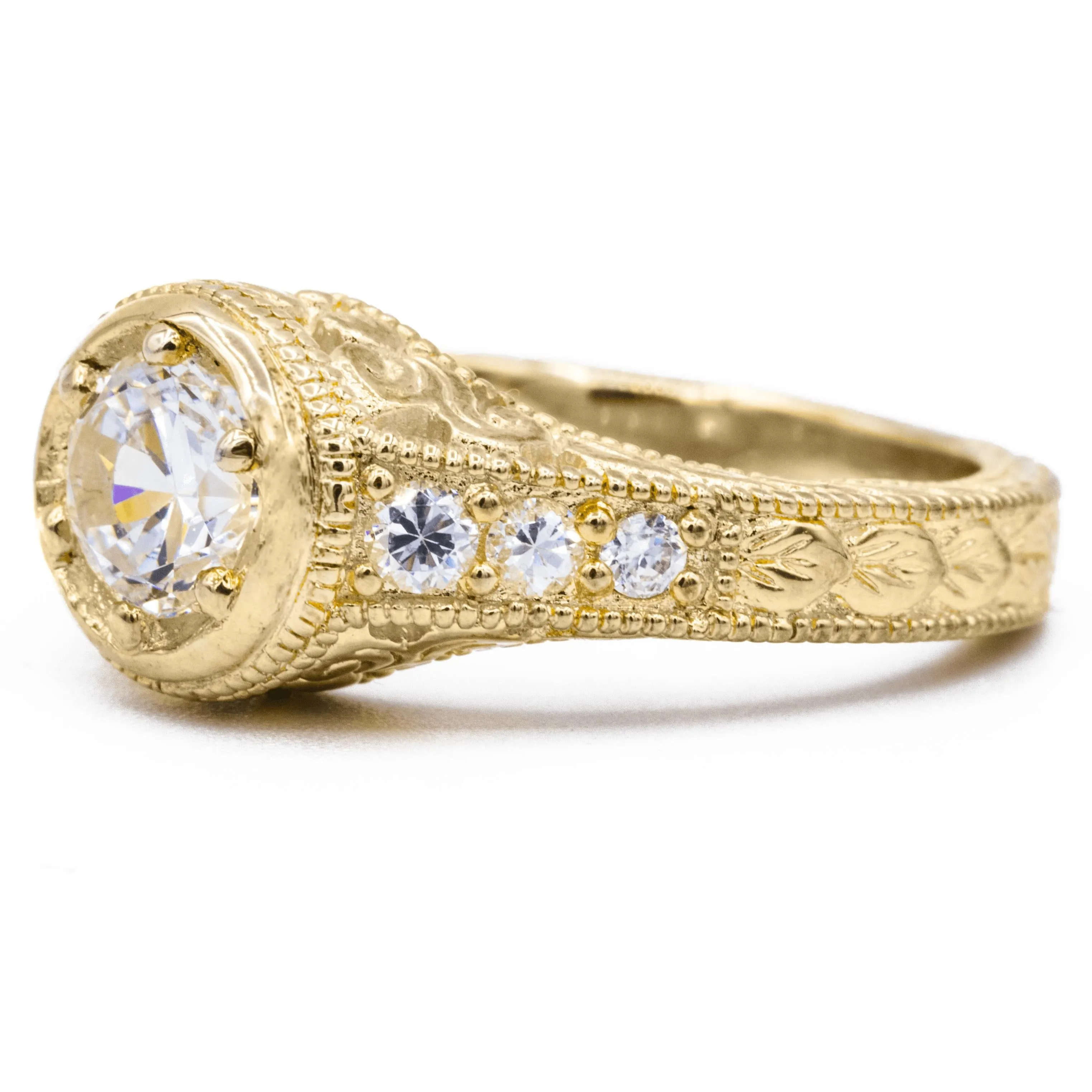 7.5mm Round Center 14K Yellow Gold 6 Prong Milgrain Filigree Diamond Shank Ring