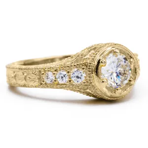 7.5mm Round Center 14K Yellow Gold 6 Prong Milgrain Filigree Diamond Shank Ring