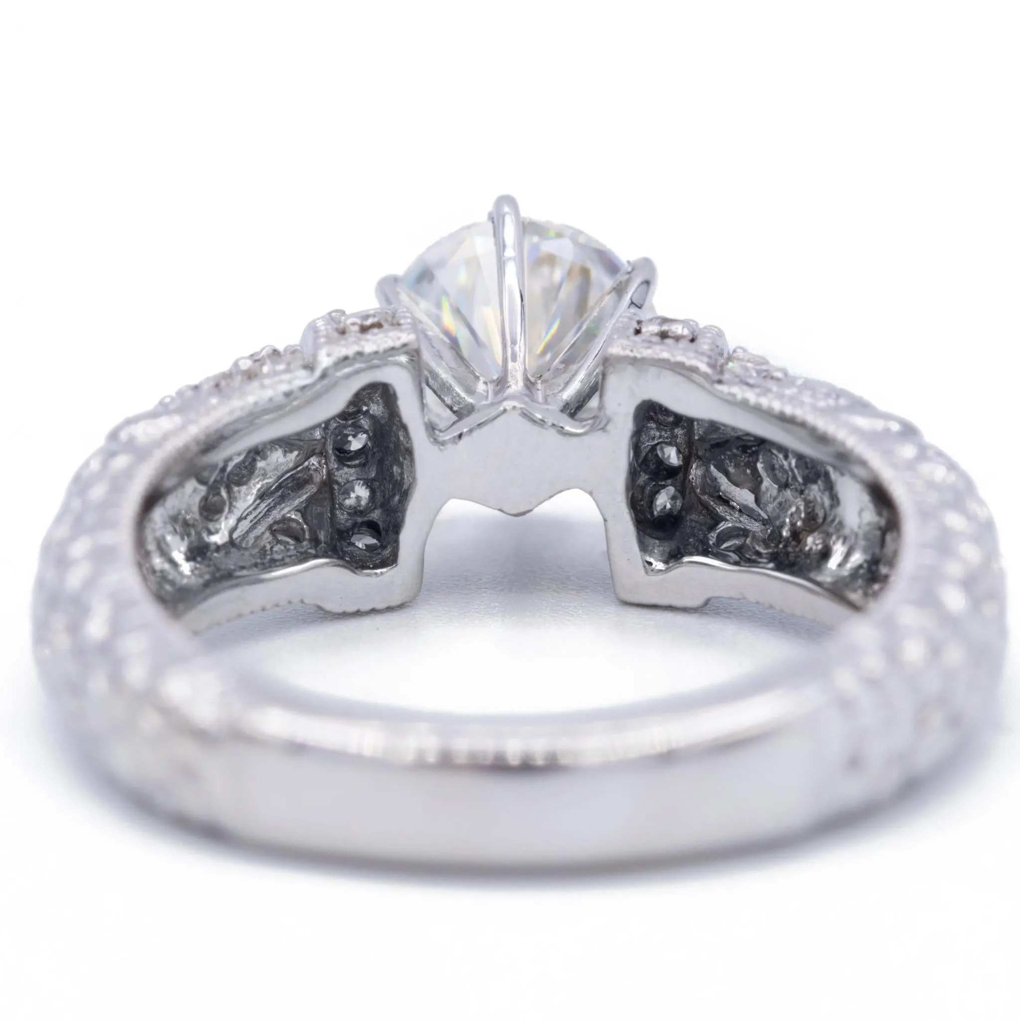 7.5mm Round Center 18K White Gold Nature's Feathers Diamond Filigree Design Ring
