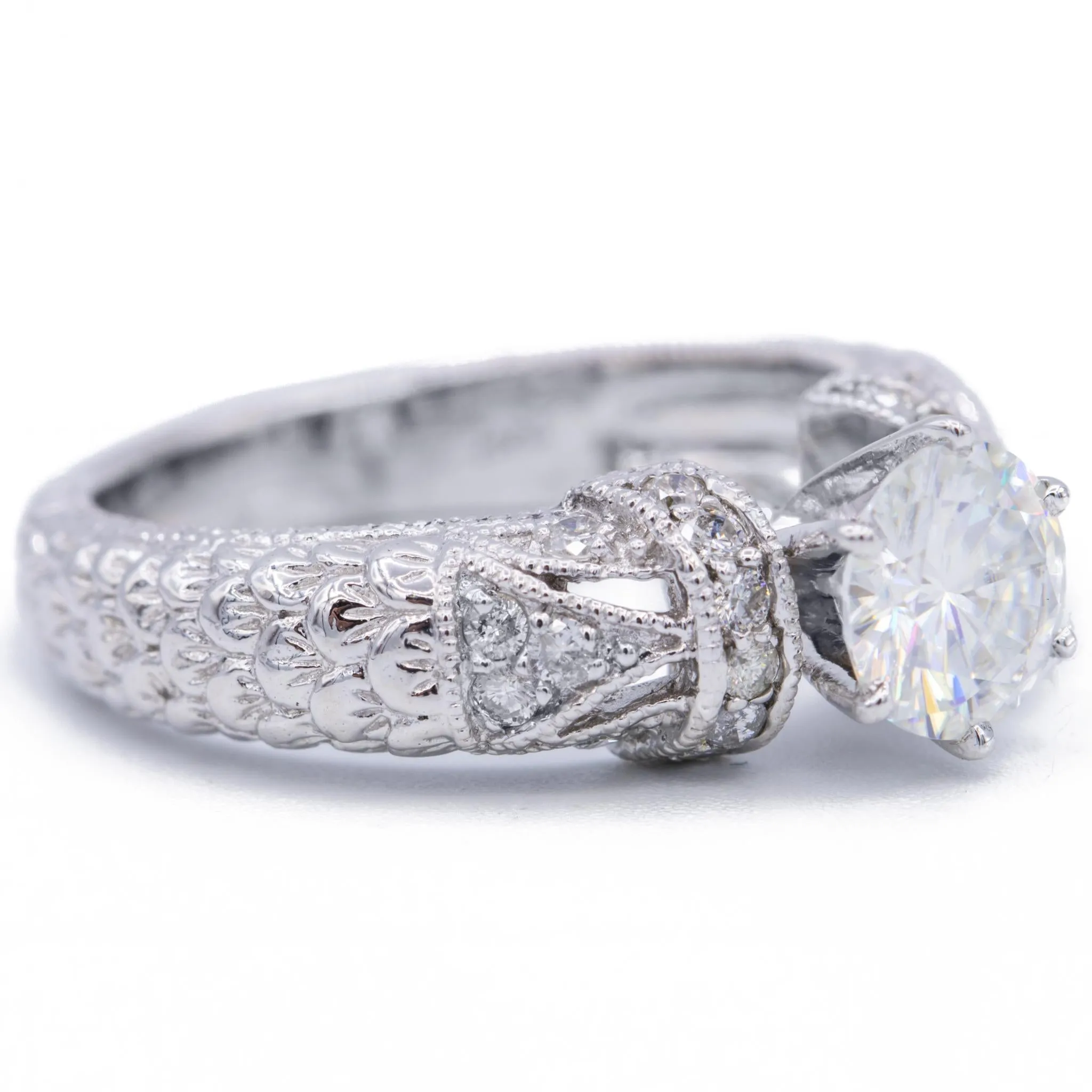 7.5mm Round Center 18K White Gold Nature's Feathers Diamond Filigree Design Ring