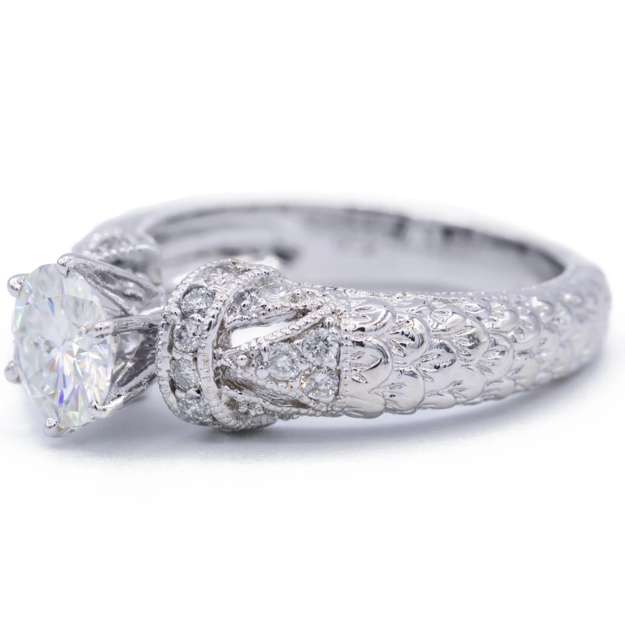 7.5mm Round Center 18K White Gold Nature's Feathers Diamond Filigree Design Ring
