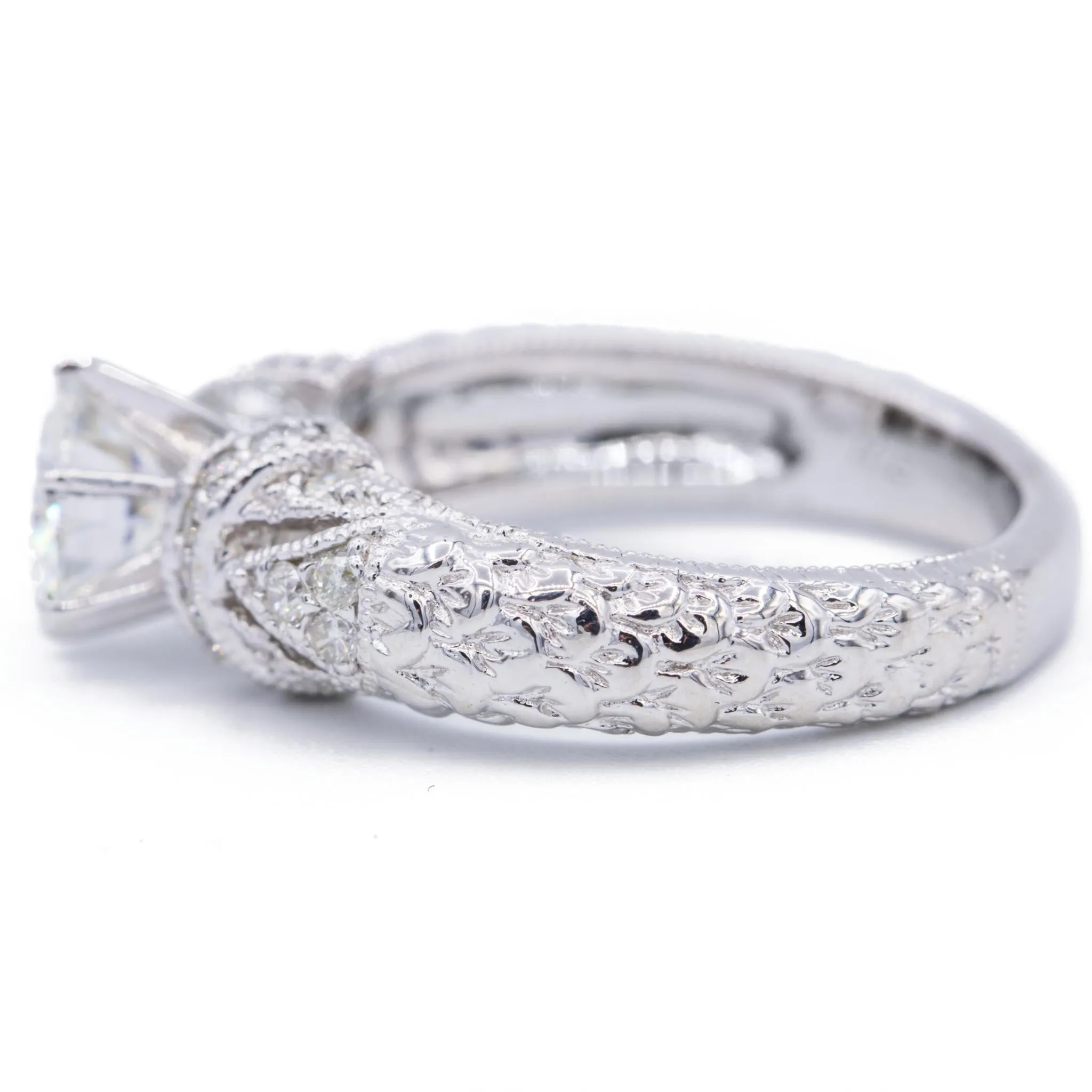 7.5mm Round Center 18K White Gold Nature's Feathers Diamond Filigree Design Ring