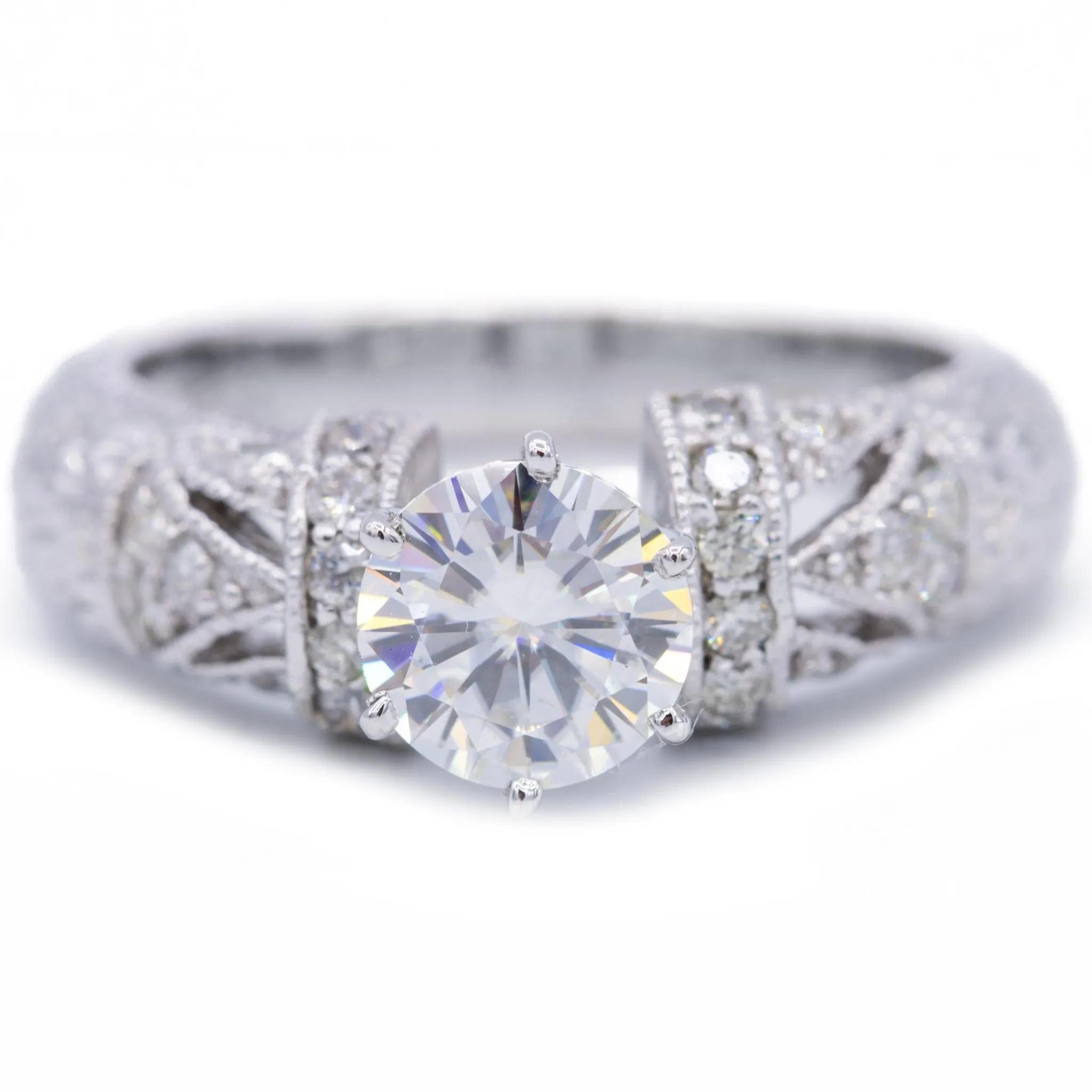 7.5mm Round Center 18K White Gold Nature's Feathers Diamond Filigree Design Ring