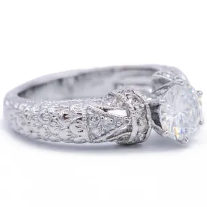 7.5mm Round Center 18K White Gold Nature's Feathers Diamond Filigree Design Ring