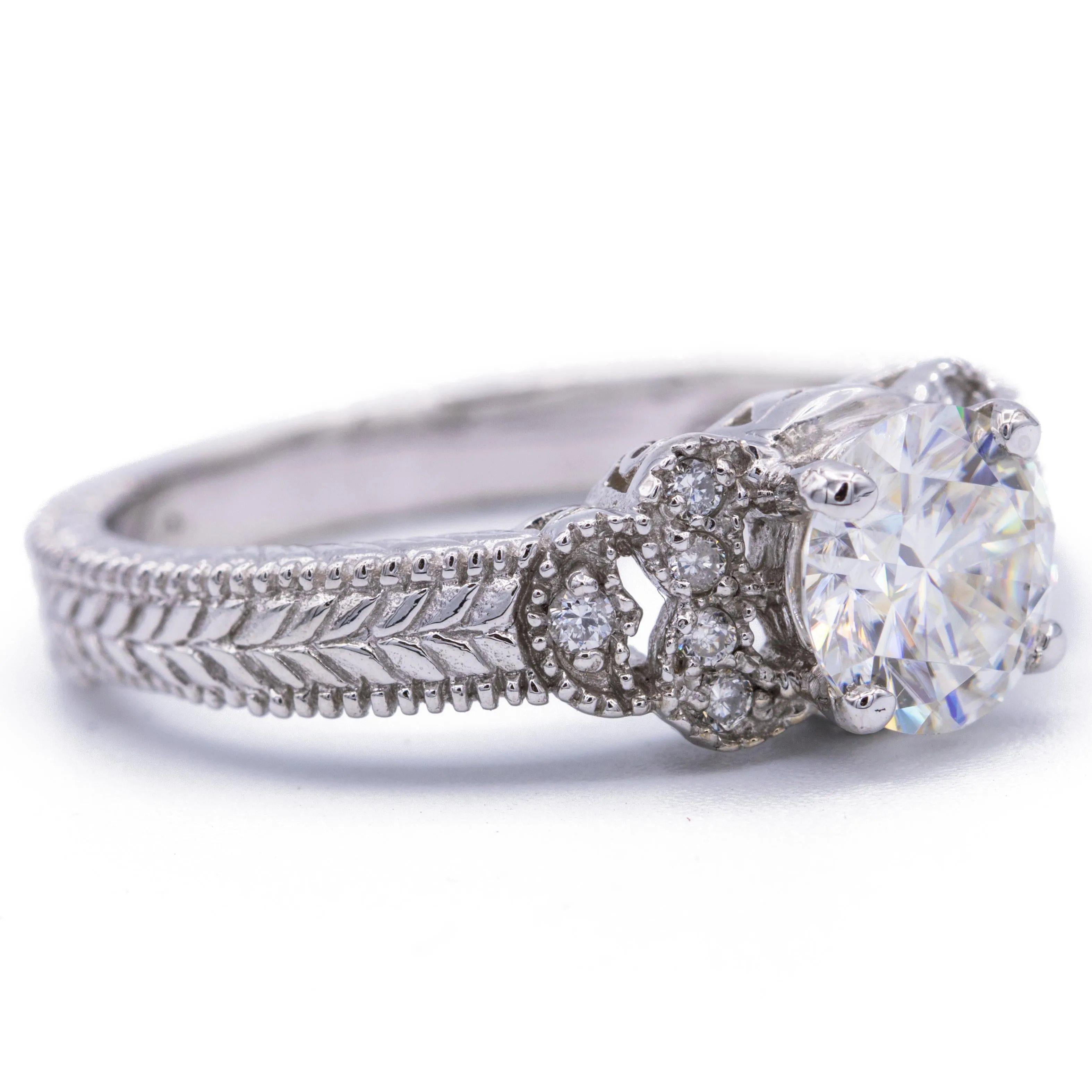 7.5mm Round Center and Diamond Filigree Milgrain 18K White Gold Ring