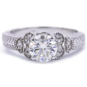 7.5mm Round Center and Diamond Filigree Milgrain 18K White Gold Ring
