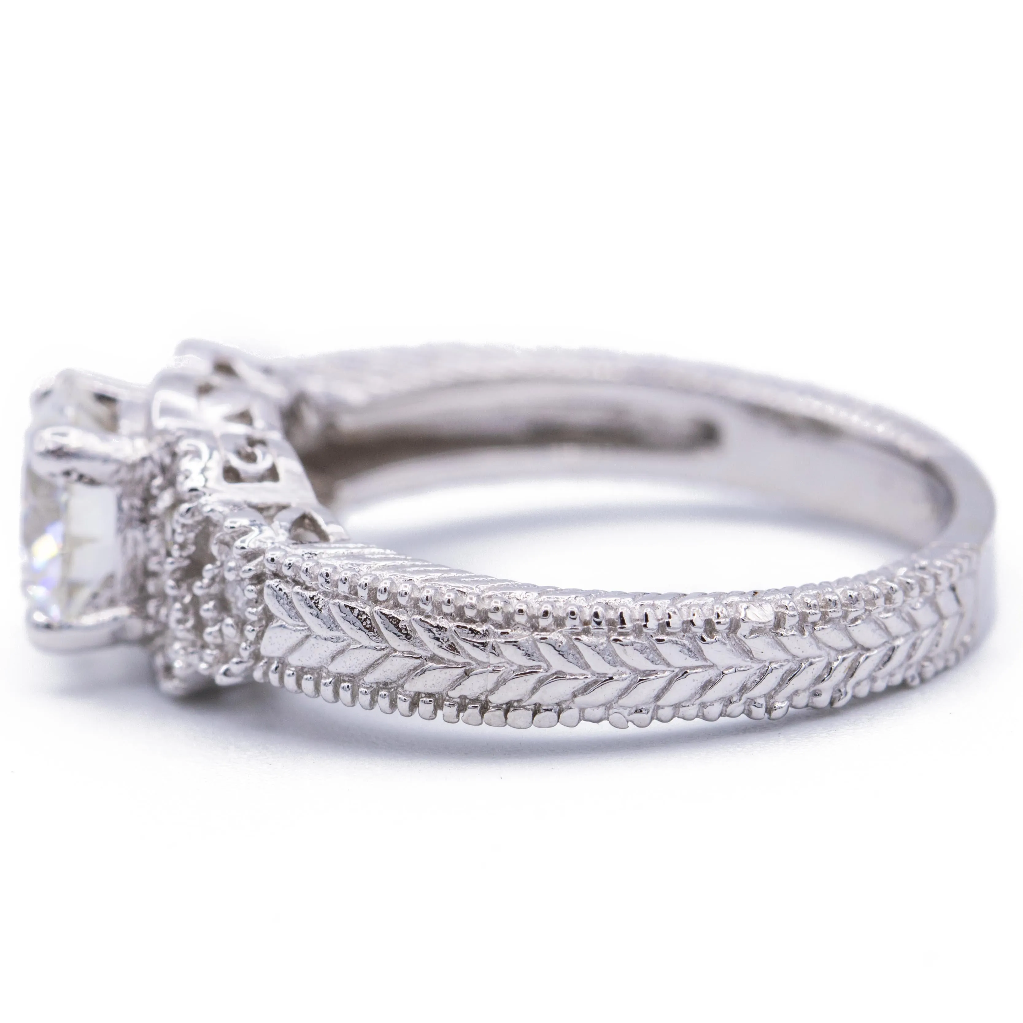 7.5mm Round Center and Diamond Filigree Milgrain 18K White Gold Ring