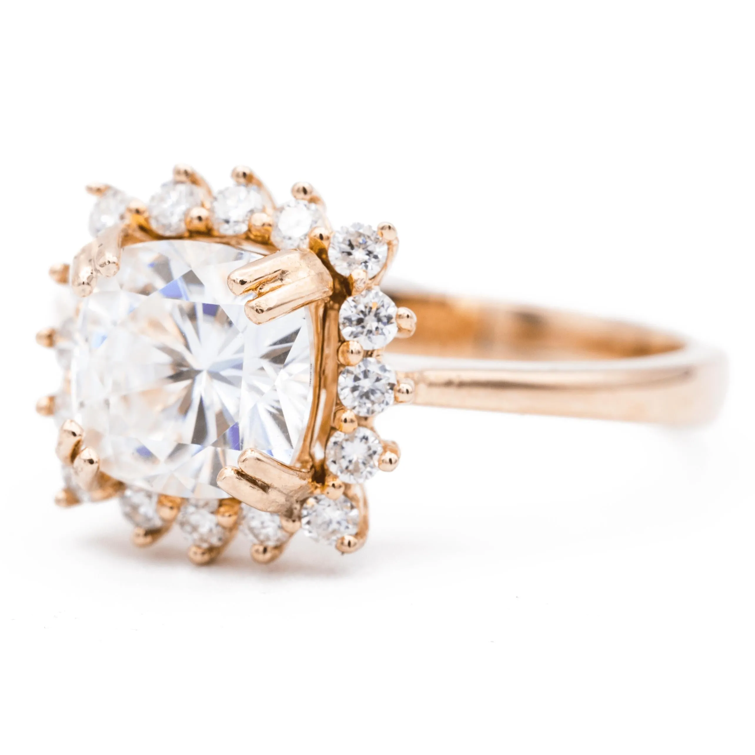 7mm Cushion Center 14K Rose Gold Star Halo Diamond Accent Ring