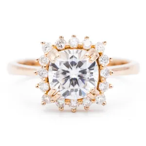 7mm Cushion Center 14K Rose Gold Star Halo Diamond Accent Ring