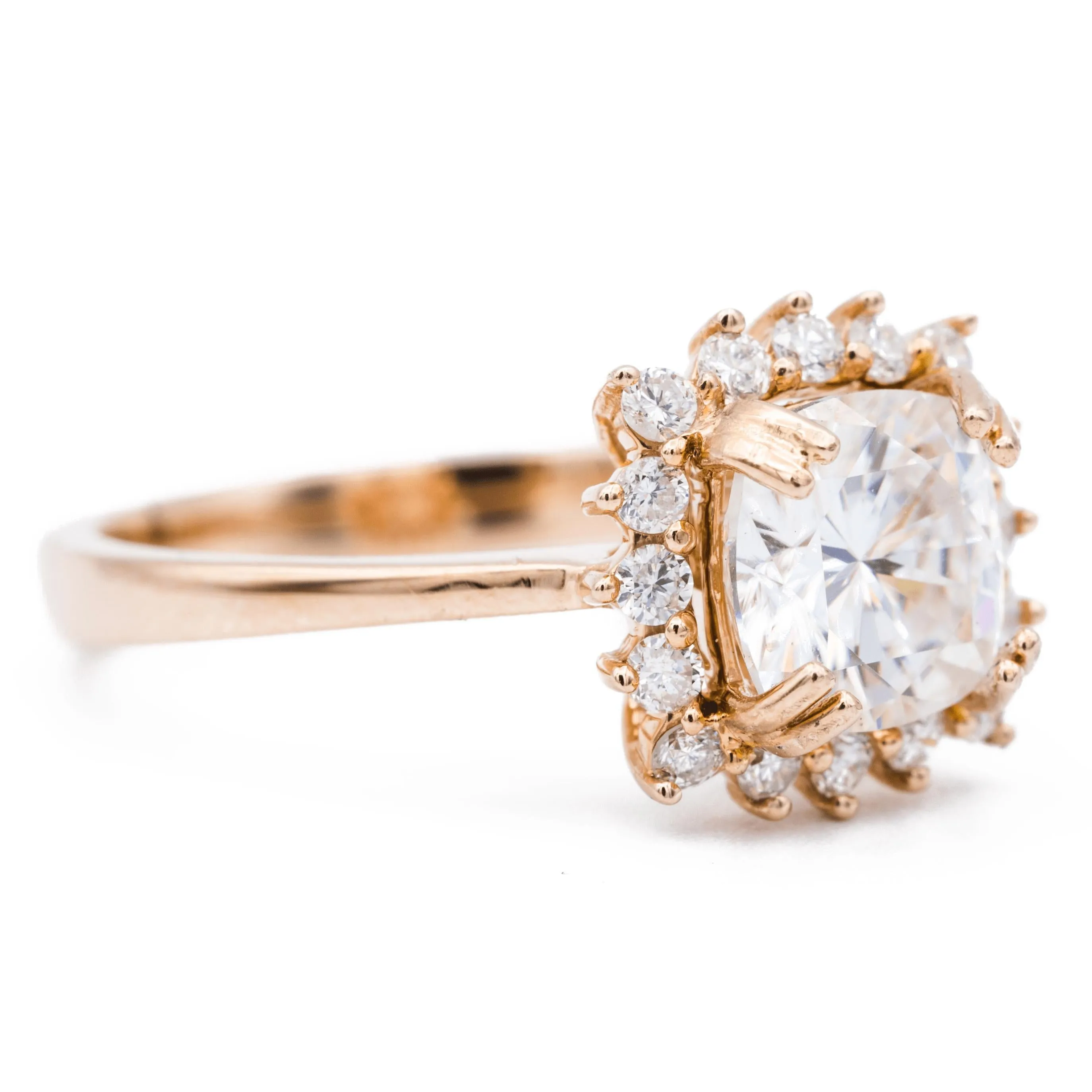 7mm Cushion Center 14K Rose Gold Star Halo Diamond Accent Ring