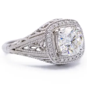 7mm Round Center 14K White Gold Diamond Halo Milgrain Detail Ring