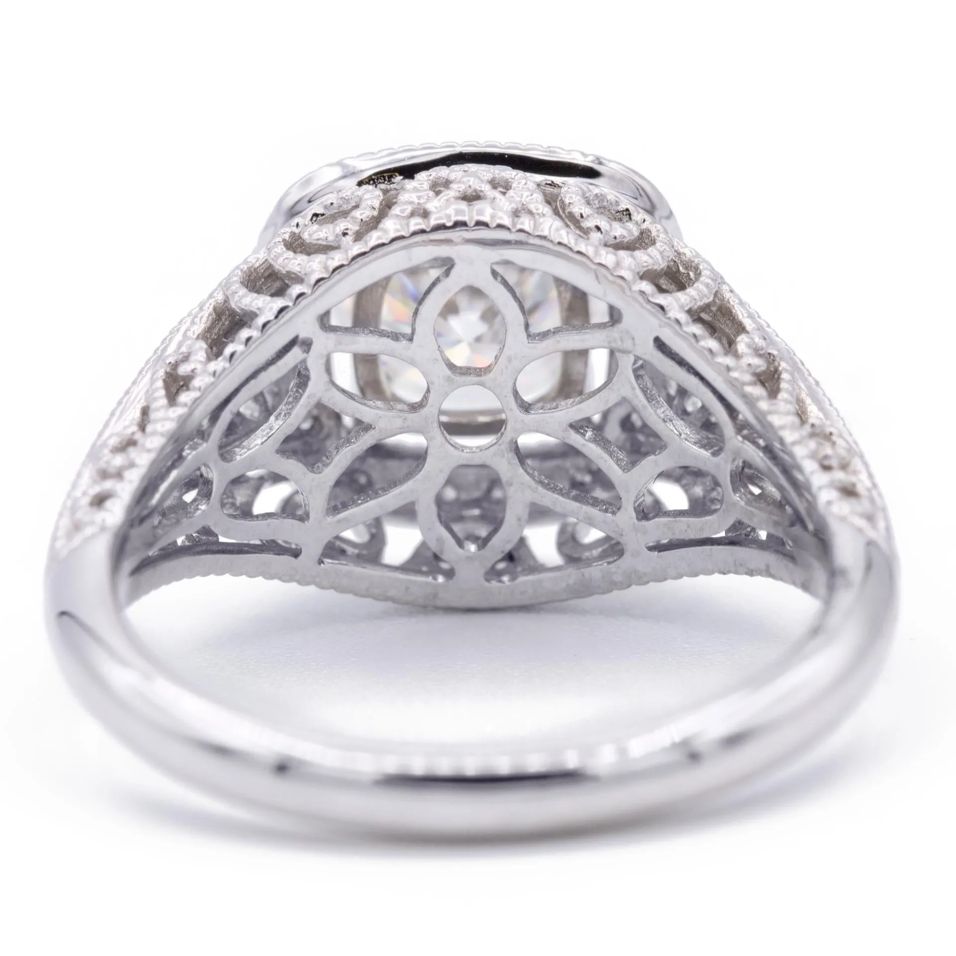 7mm Round Center 14K White Gold Diamond Halo Milgrain Detail Ring