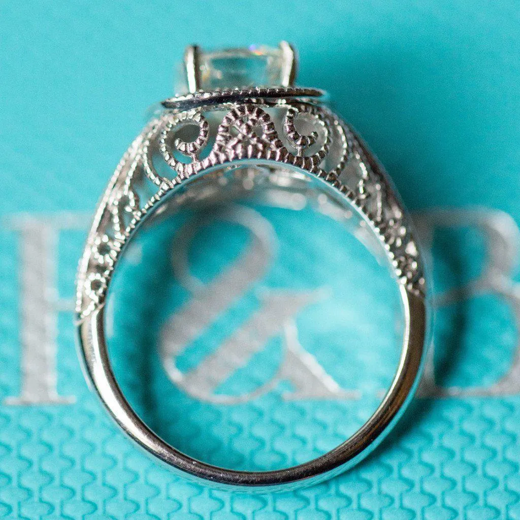 7mm Round Center 14K White Gold Diamond Halo Milgrain Detail Ring