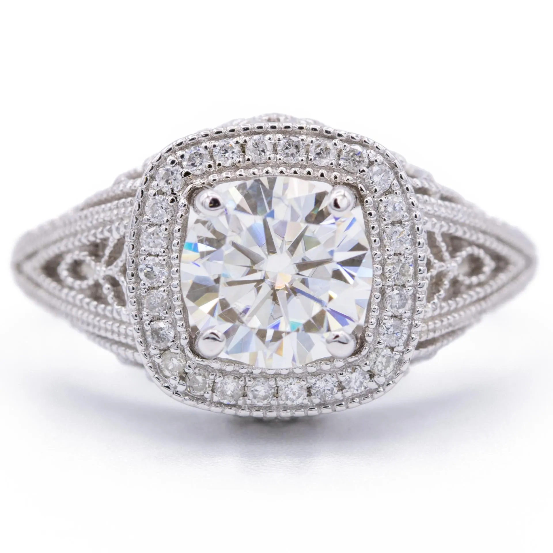 7mm Round Center 14K White Gold Diamond Halo Milgrain Detail Ring