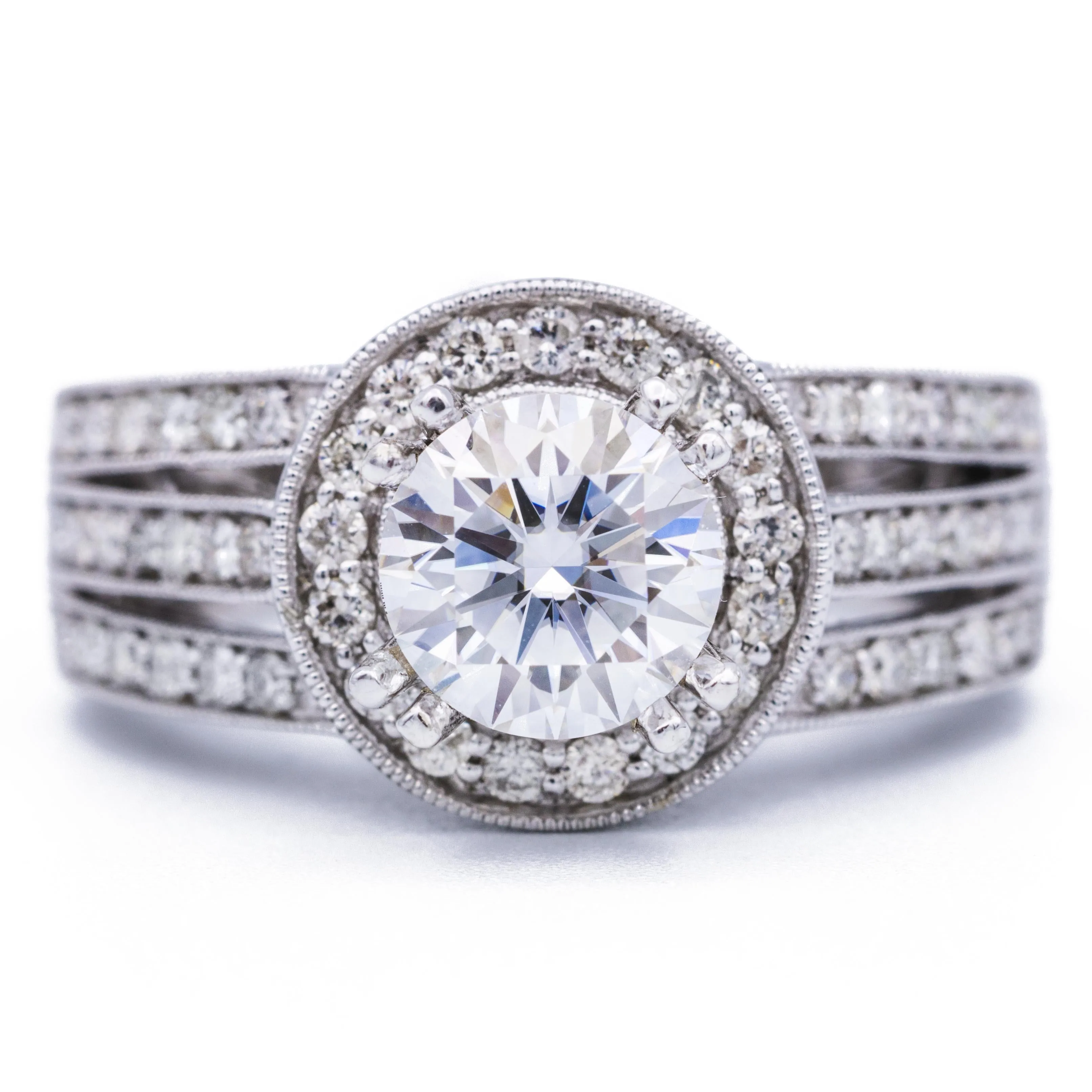 7mm Round Center 14K White Gold Halo Triple Diamond Row Ring