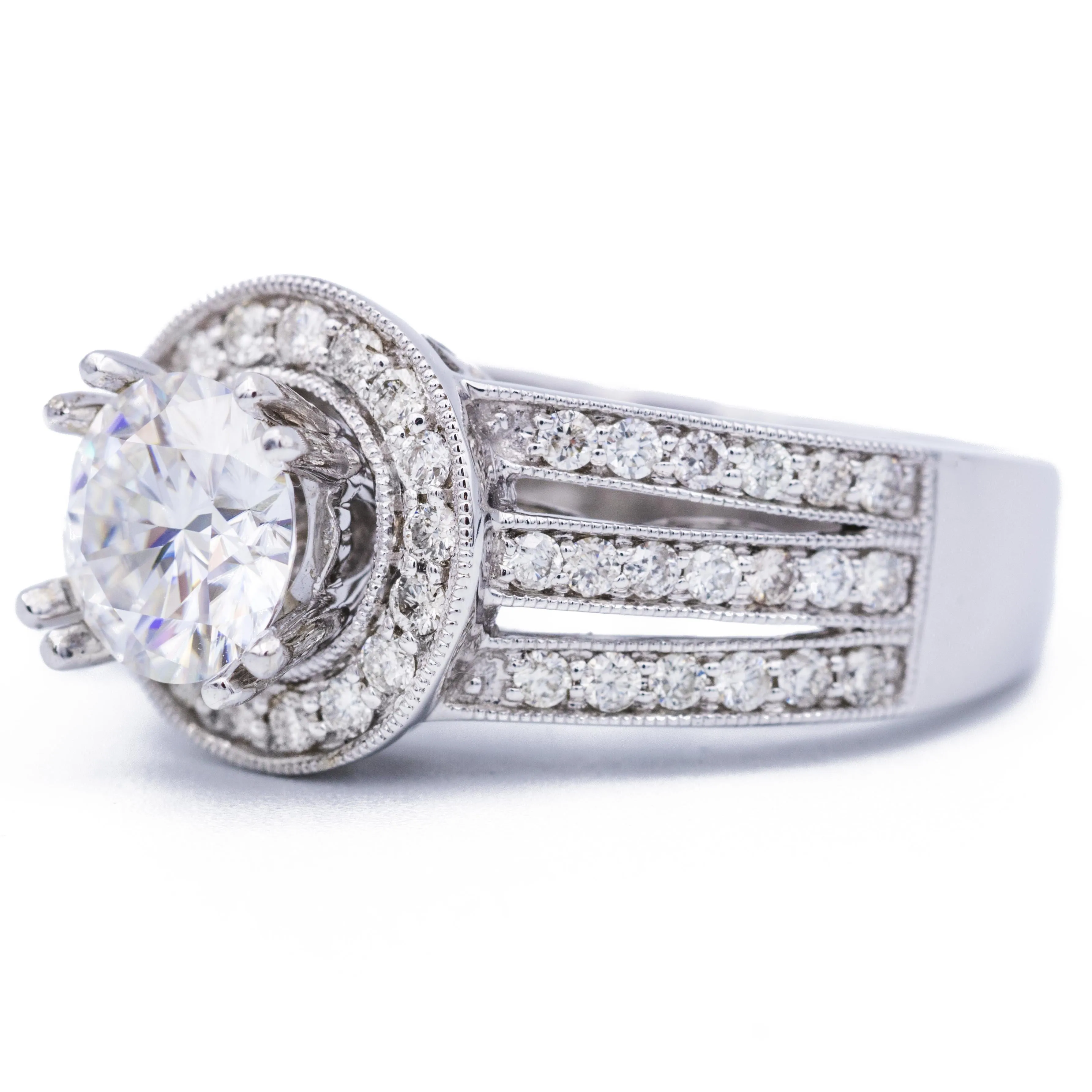 7mm Round Center 14K White Gold Halo Triple Diamond Row Ring