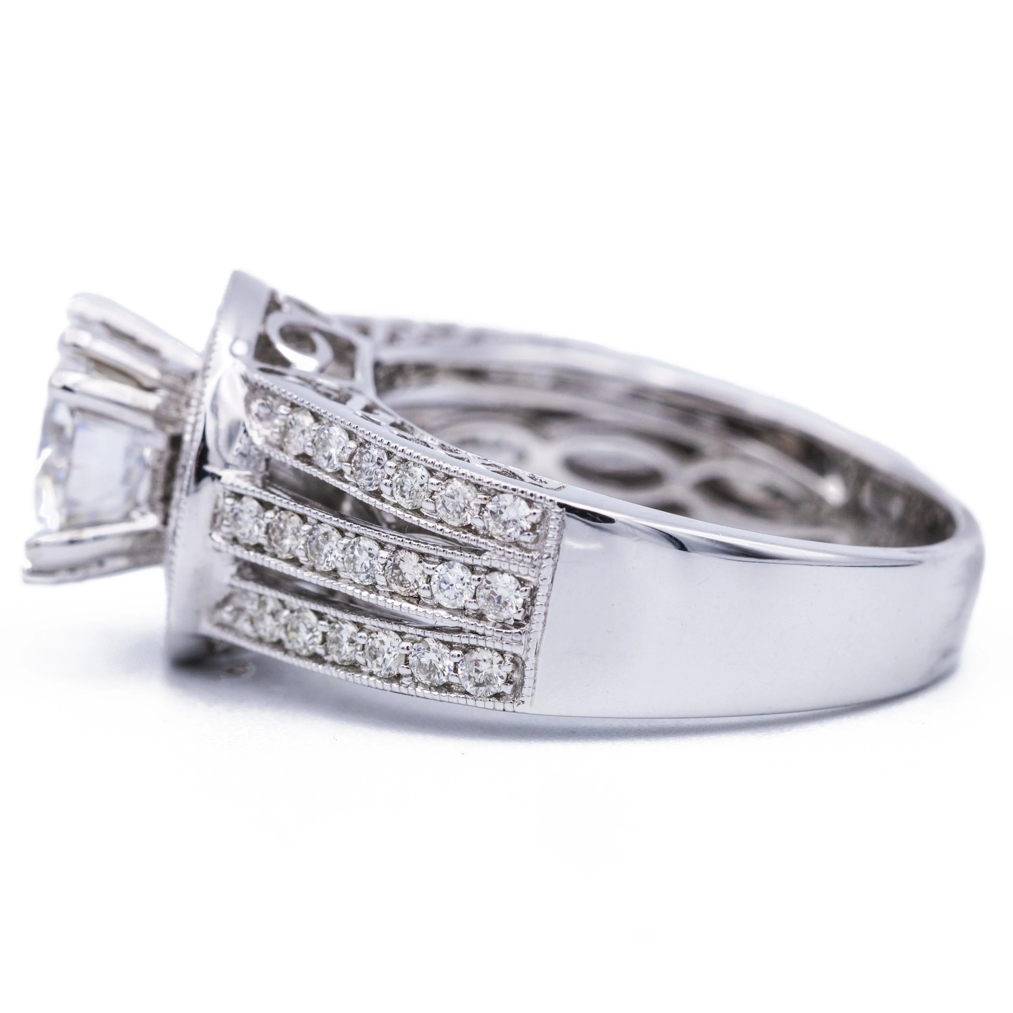 7mm Round Center 14K White Gold Halo Triple Diamond Row Ring