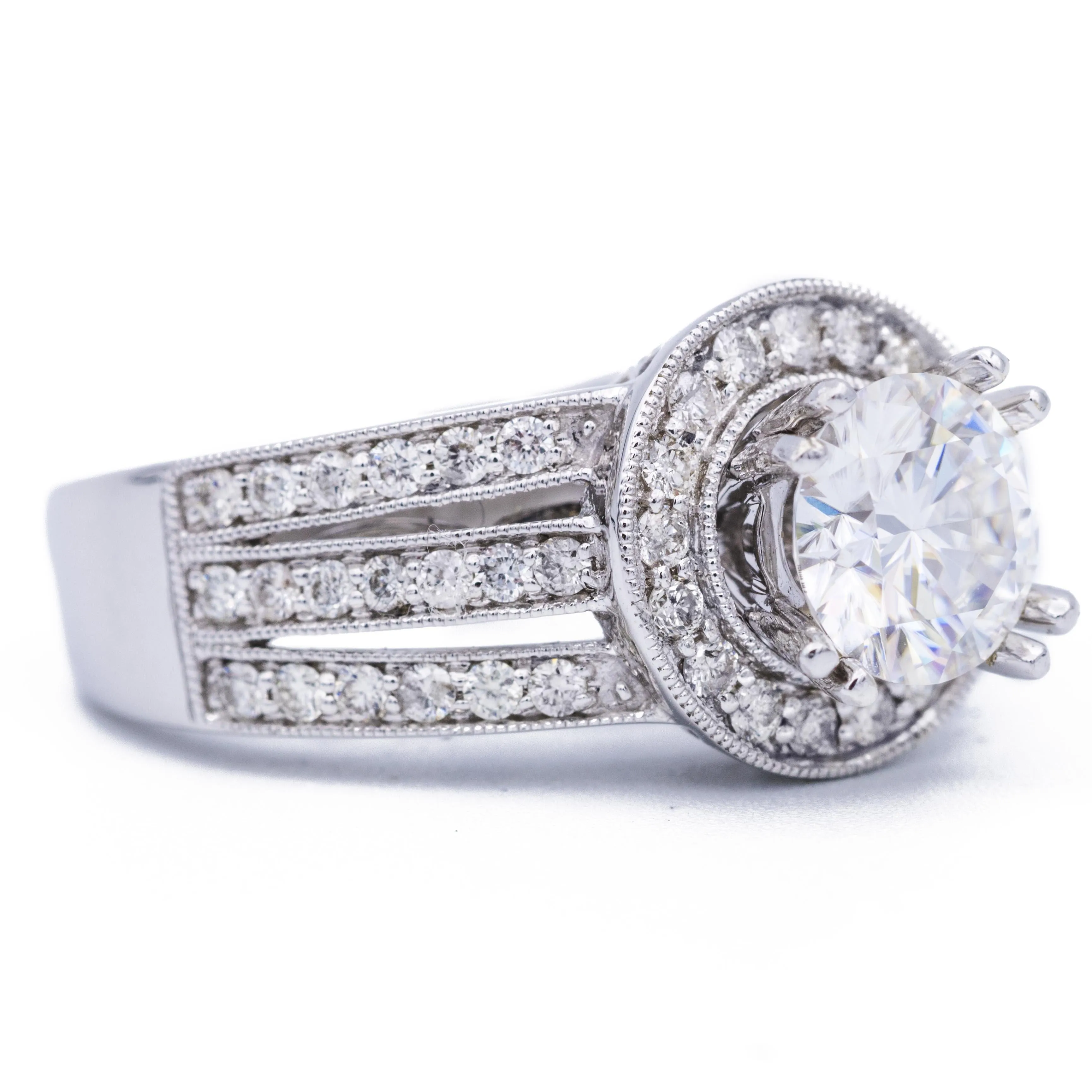 7mm Round Center 14K White Gold Halo Triple Diamond Row Ring