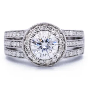 7mm Round Center 14K White Gold Halo Triple Diamond Row Ring