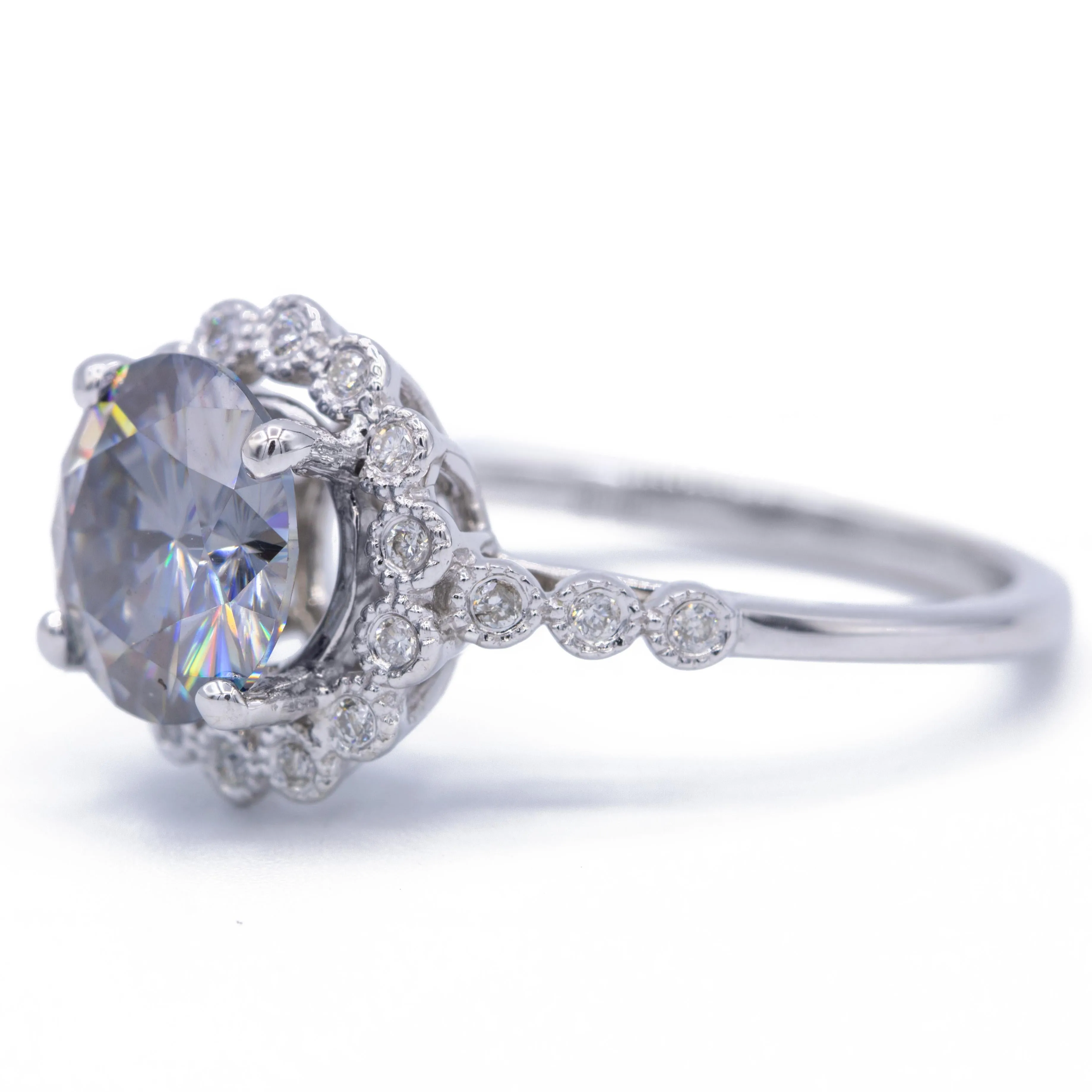8.5mm Gray Moissanite 14k White Gold Milgrain Bezel Halo and Diamond Sides Ring