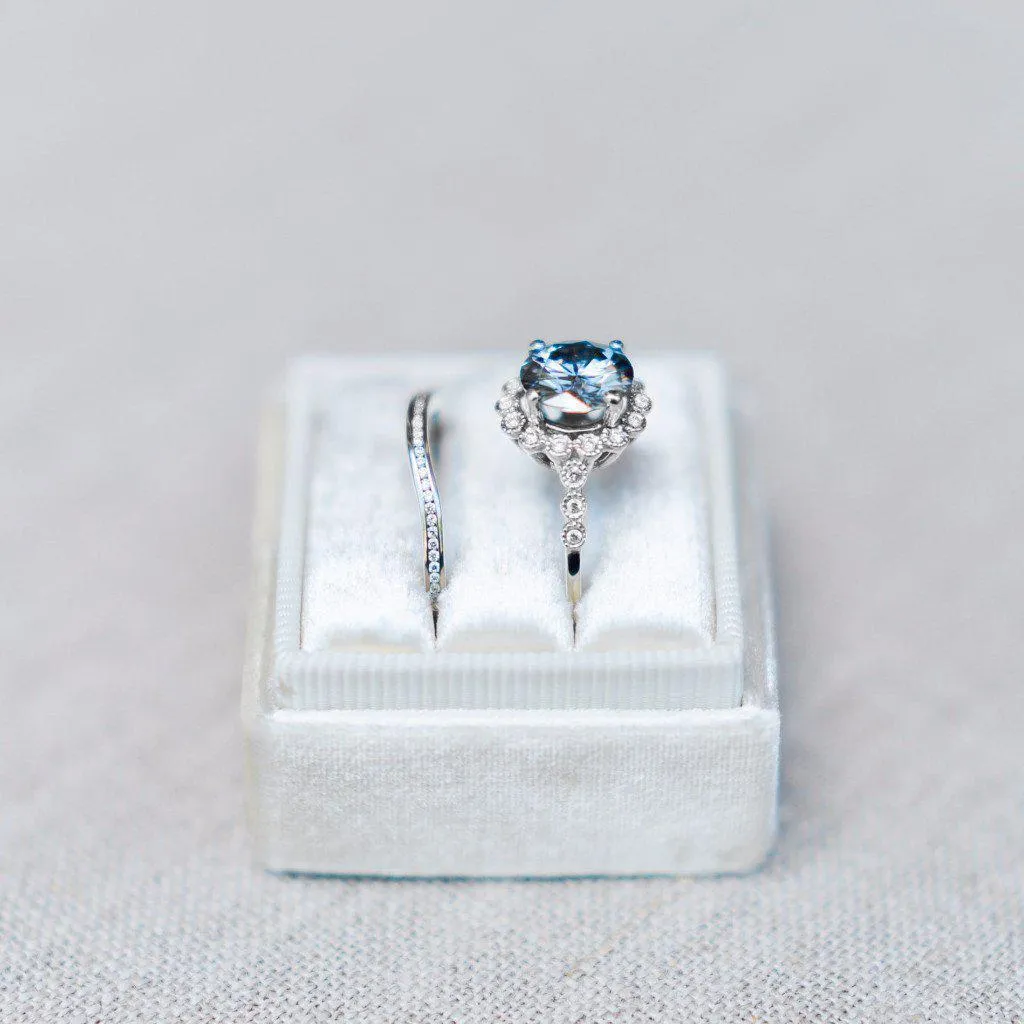 8.5mm Gray Moissanite 14k White Gold Milgrain Bezel Halo and Diamond Sides Ring