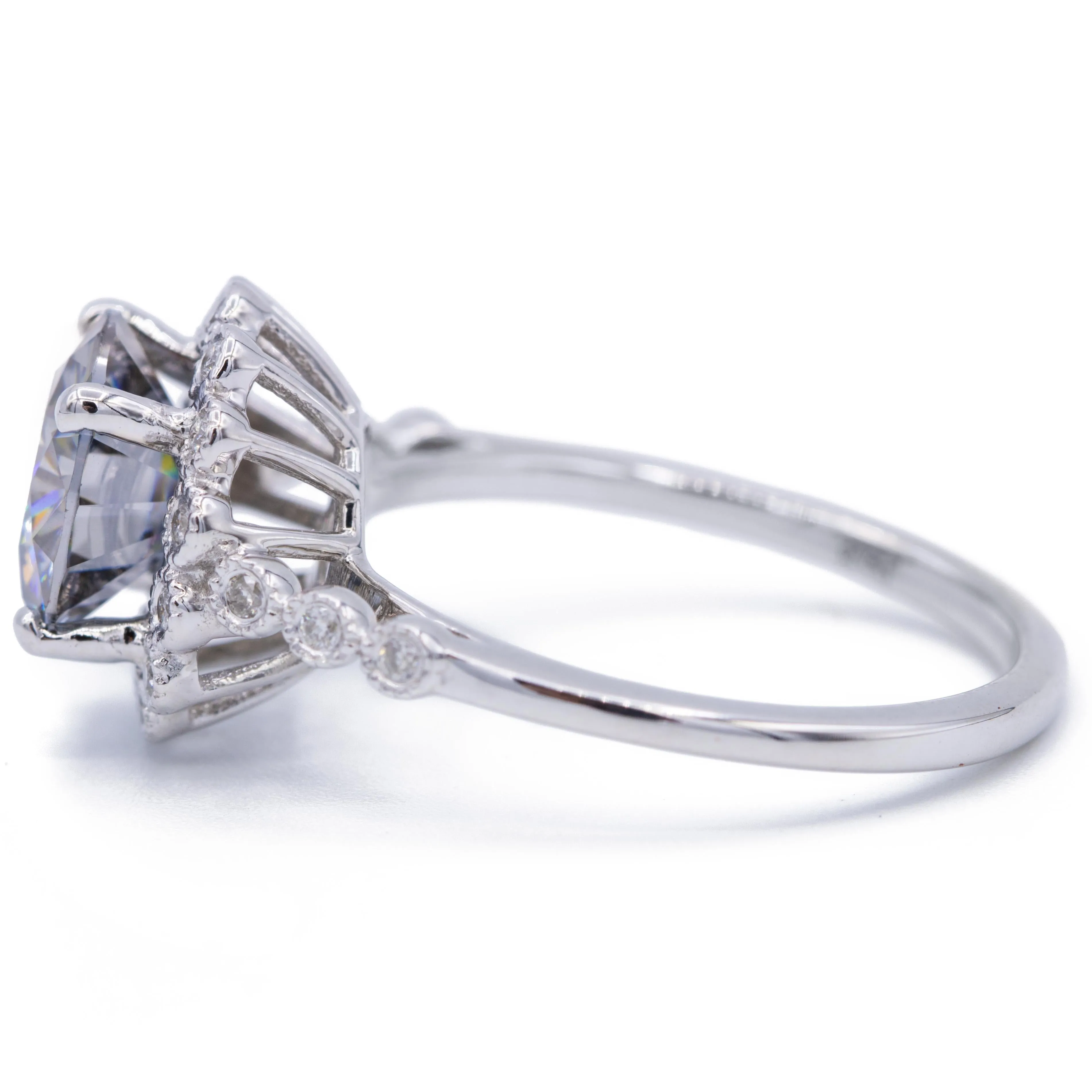 8.5mm Gray Moissanite 14k White Gold Milgrain Bezel Halo and Diamond Sides Ring