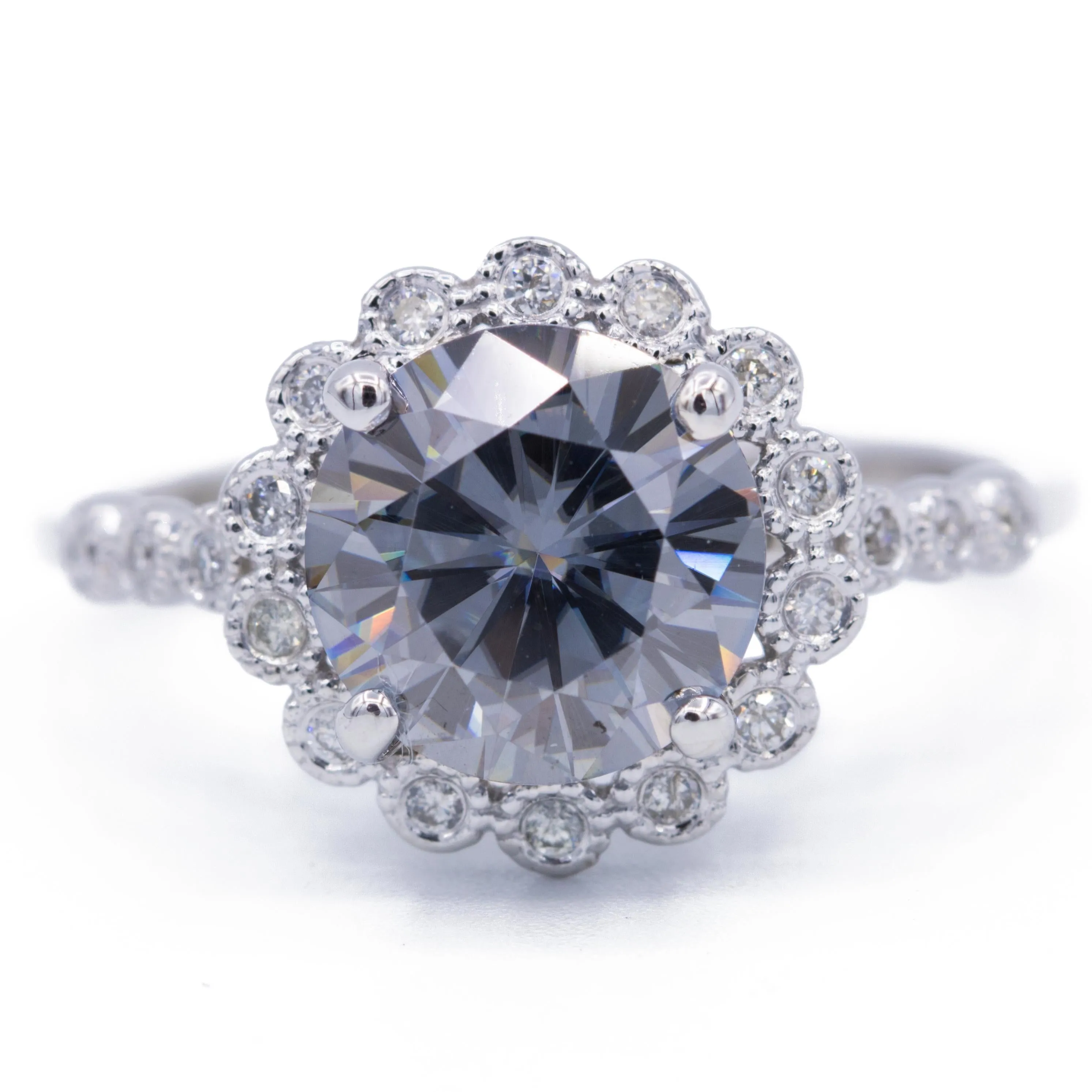 8.5mm Gray Moissanite 14k White Gold Milgrain Bezel Halo and Diamond Sides Ring