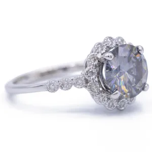 8.5mm Gray Moissanite 14k White Gold Milgrain Bezel Halo and Diamond Sides Ring