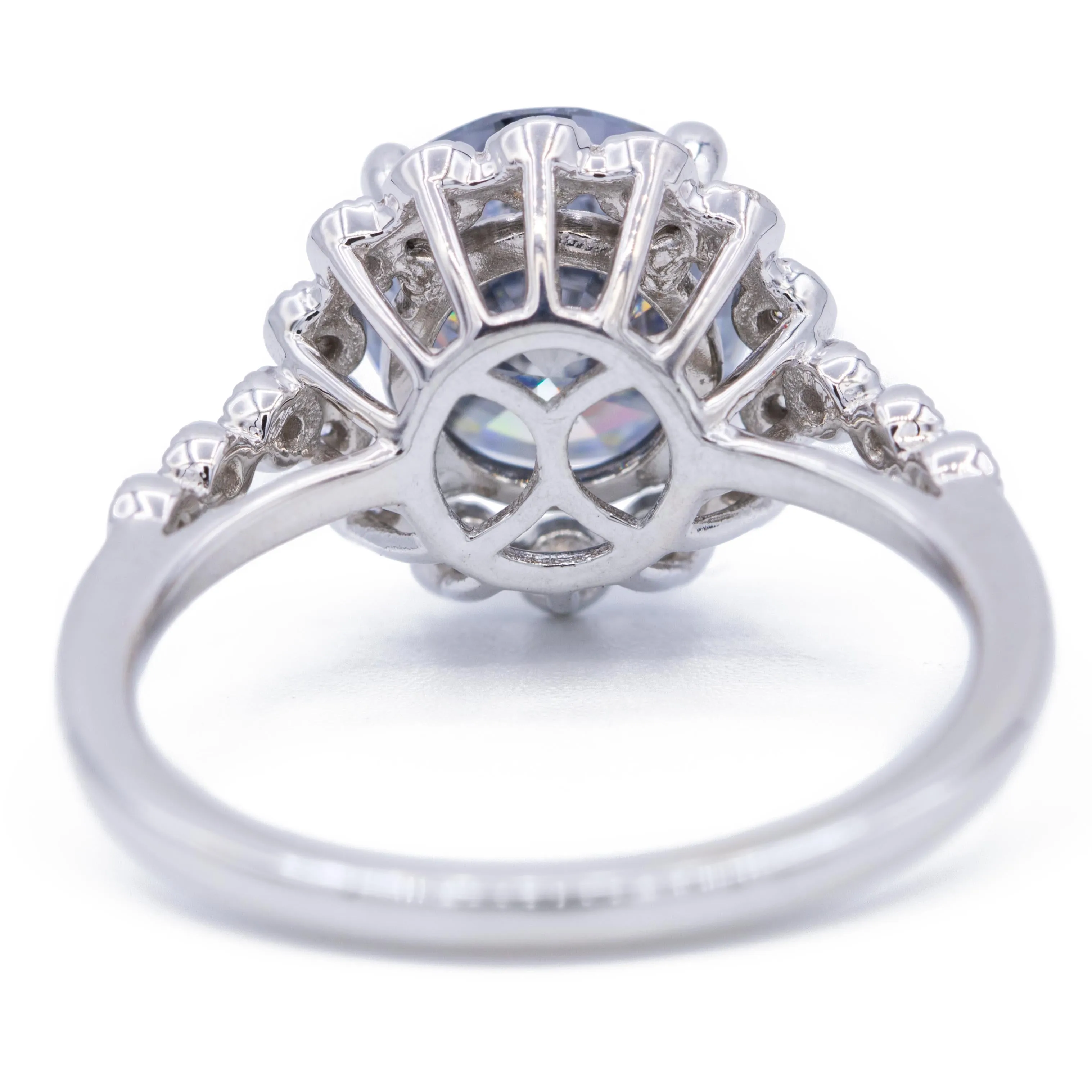 8.5mm Gray Moissanite 14k White Gold Milgrain Bezel Halo and Diamond Sides Ring