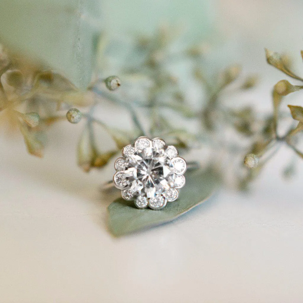 8.5mm Round Center 14KW Diamond Floral Halo Ring
