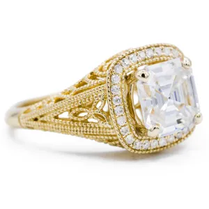 8mm Asscher Center 14k Solid Yellow Gold Exquisite Diamond Filigree Design Setting