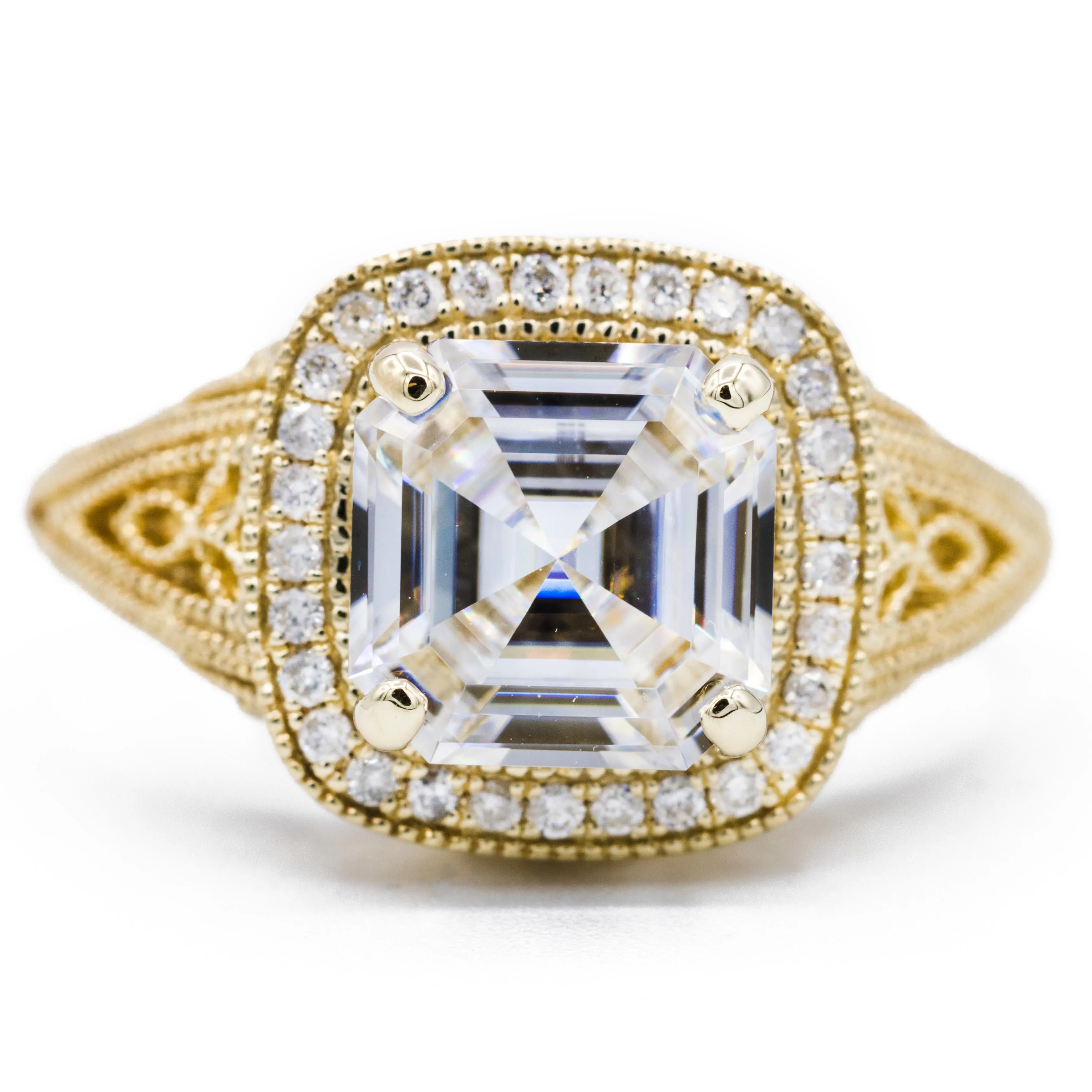 8mm Asscher Center 14k Solid Yellow Gold Exquisite Diamond Filigree Design Setting