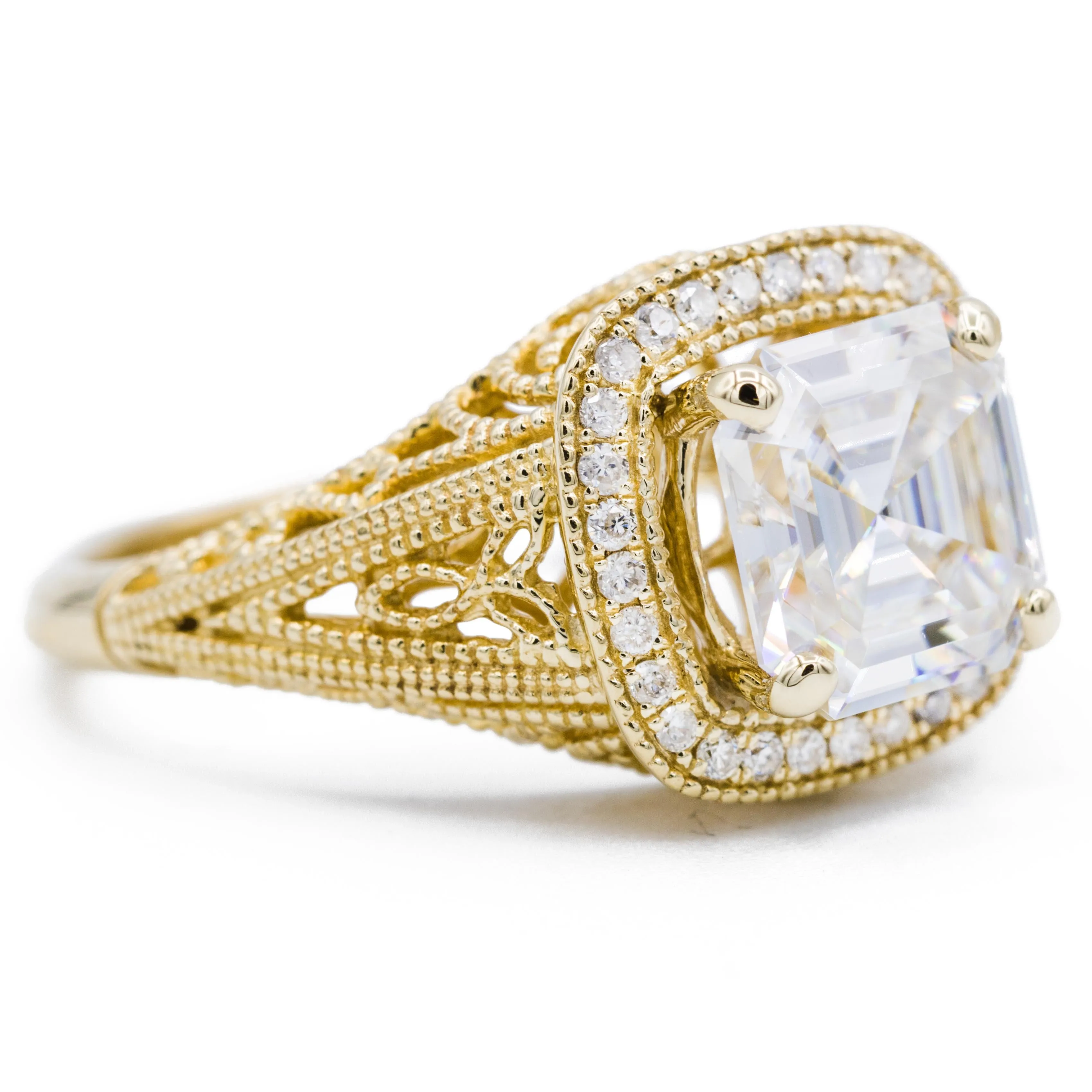 8mm Asscher Center 14k Solid Yellow Gold Exquisite Diamond Filigree Design Setting
