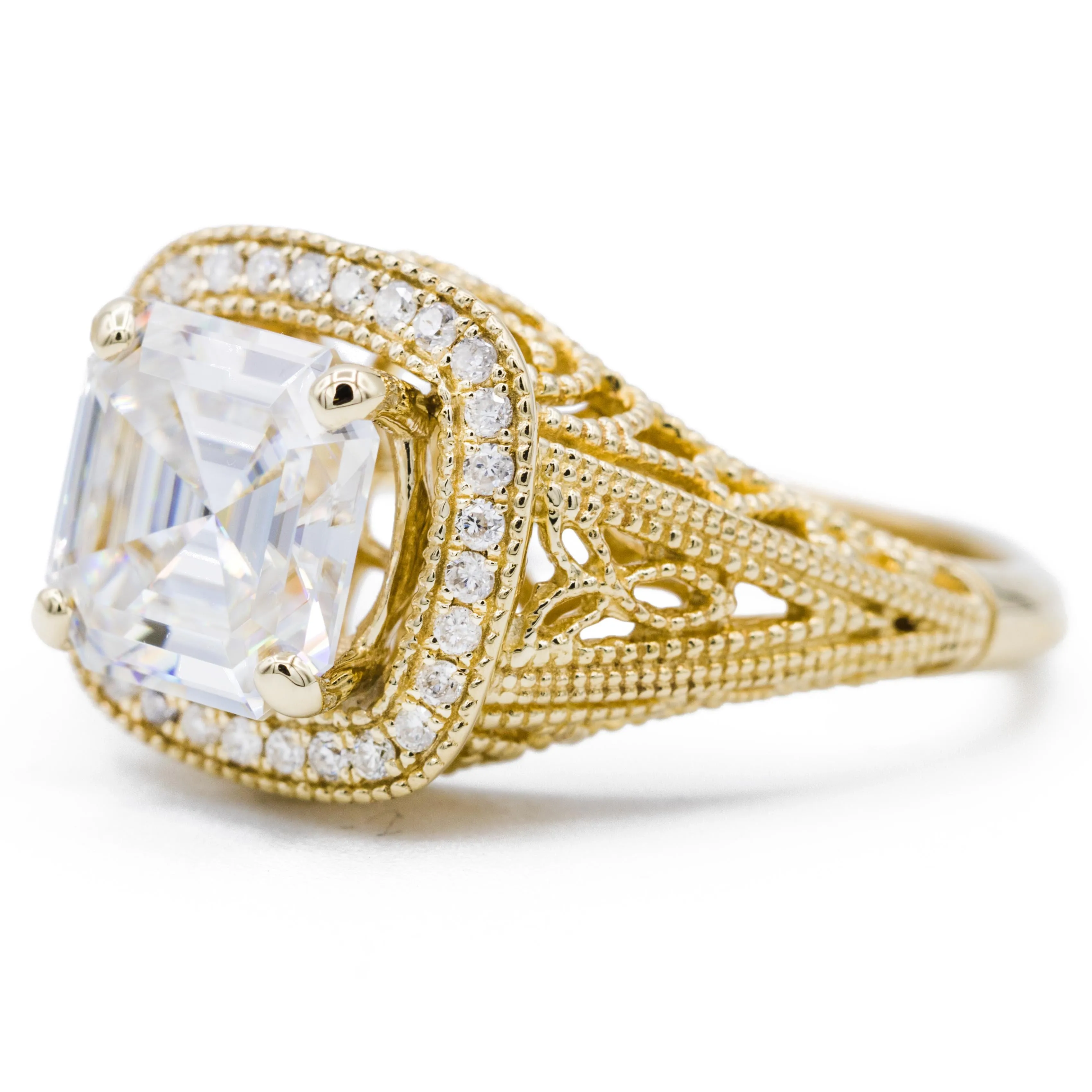 8mm Asscher Center 14k Solid Yellow Gold Exquisite Diamond Filigree Design Setting