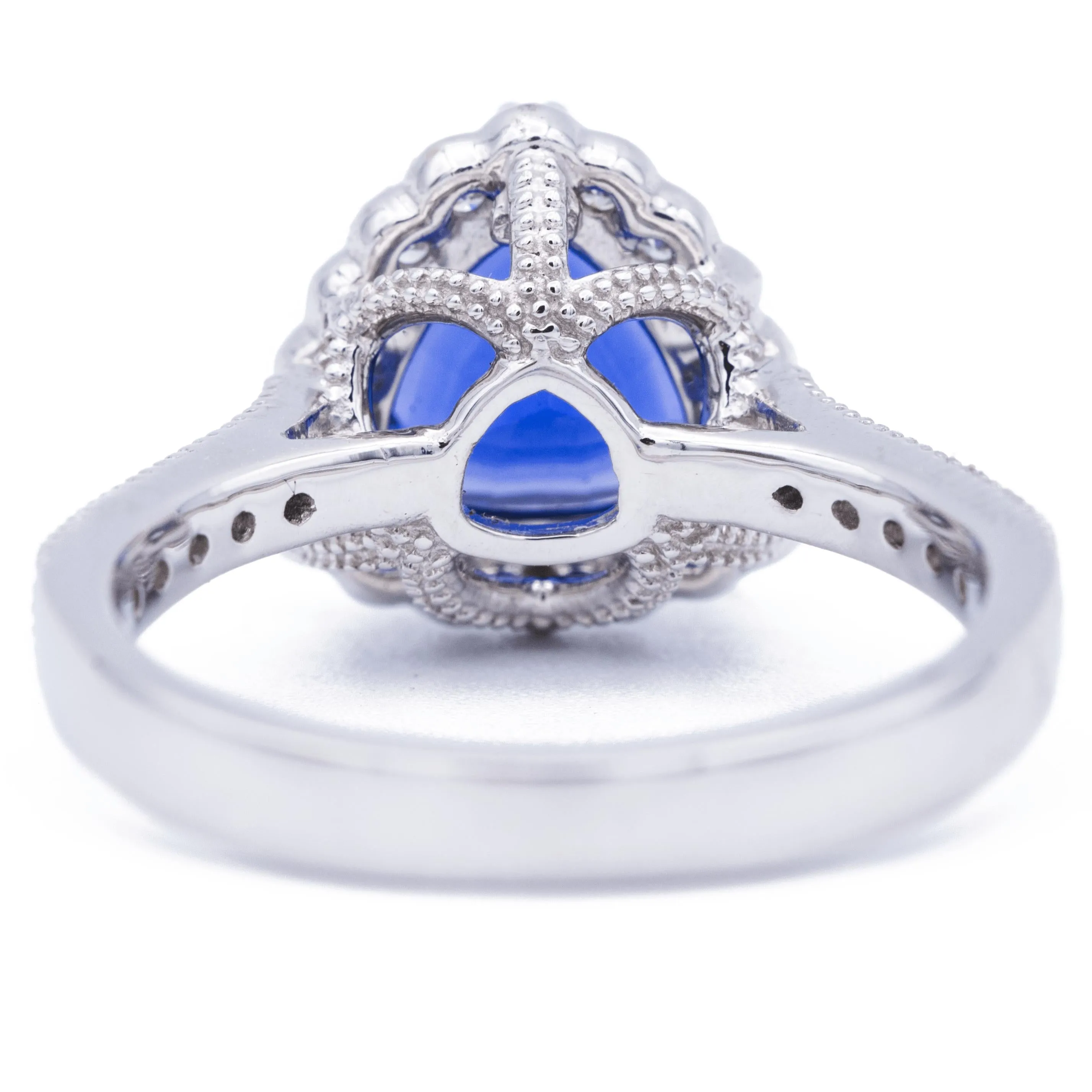 8mm Blue Sapphire Trillion Chatham 14K White Gold Halo Ring