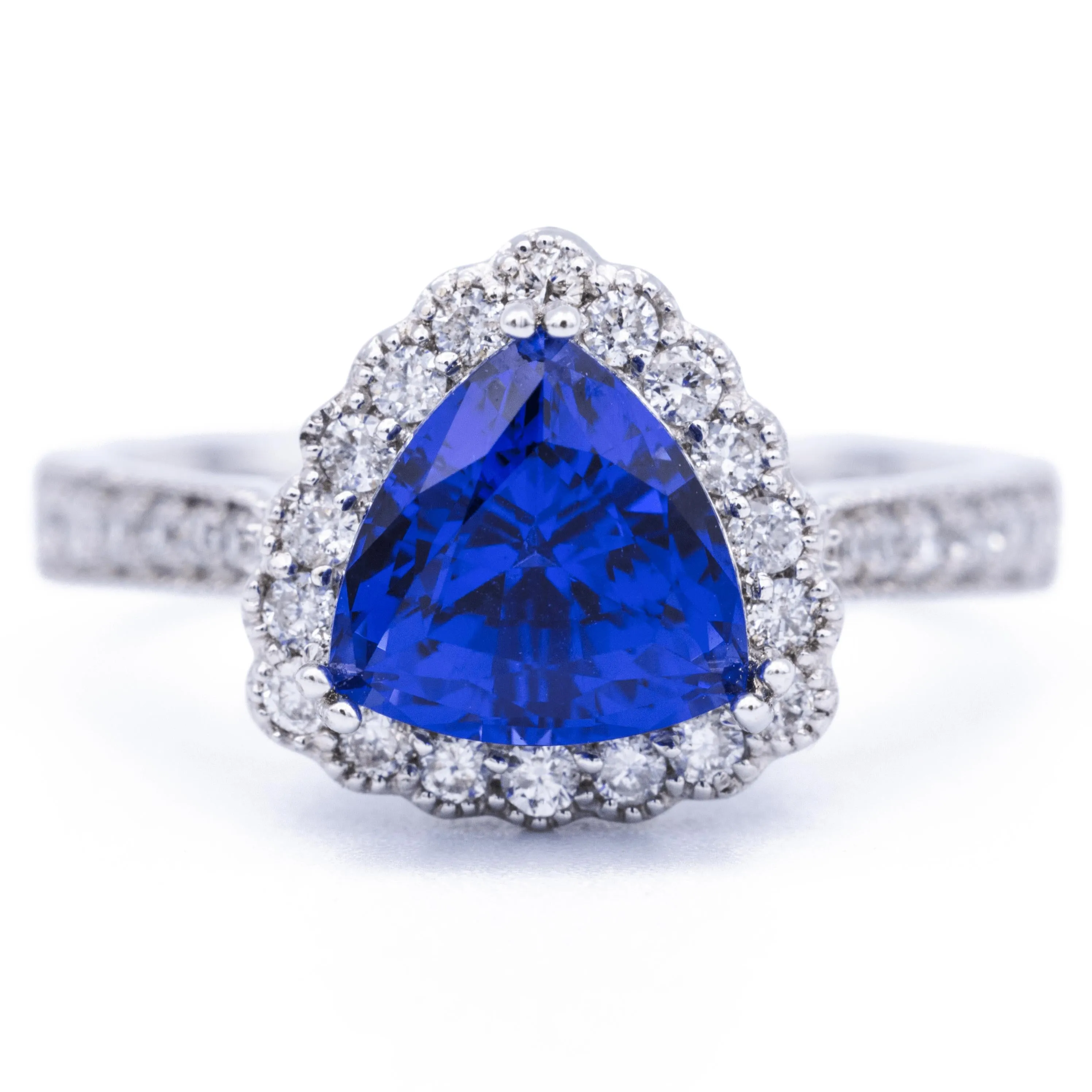 8mm Blue Sapphire Trillion Chatham 14K White Gold Halo Ring