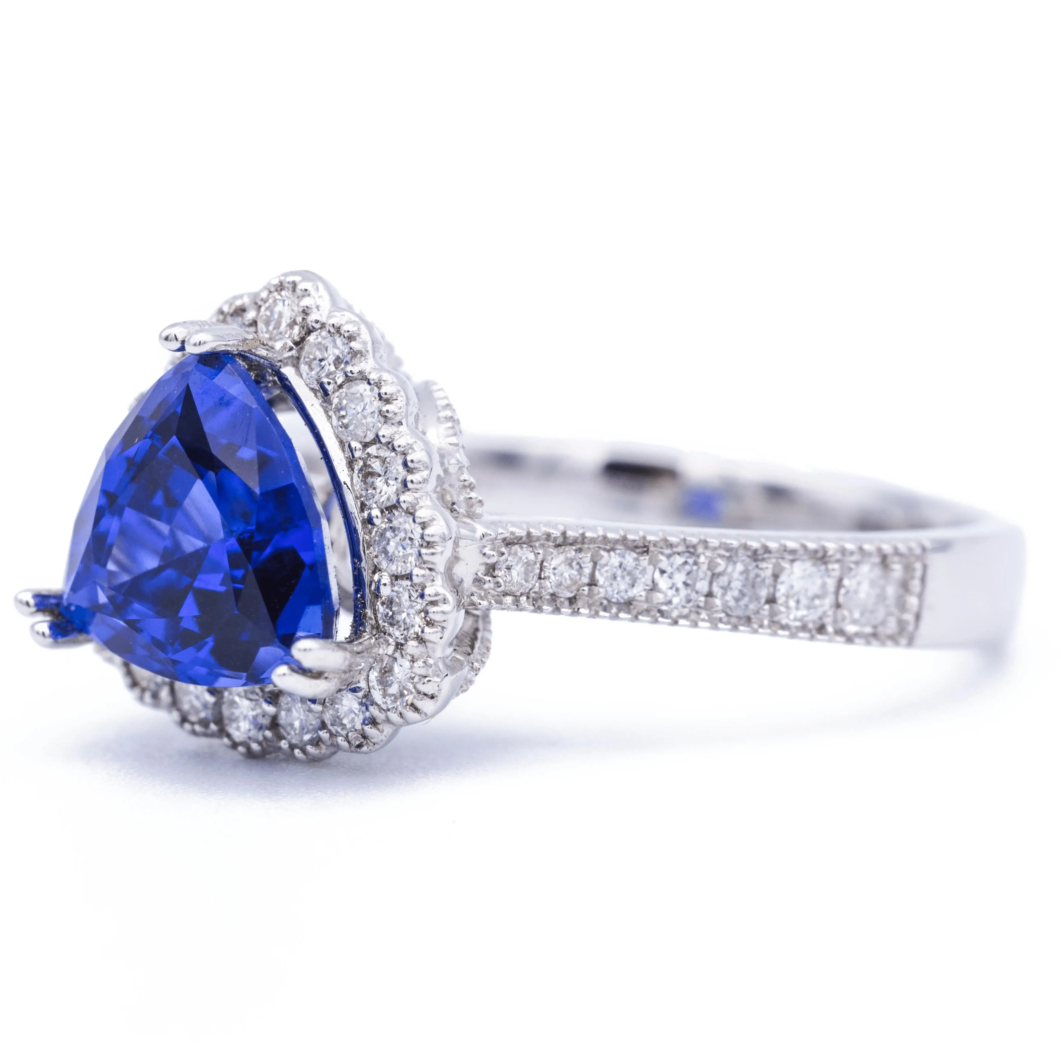 8mm Blue Sapphire Trillion Chatham 14K White Gold Halo Ring
