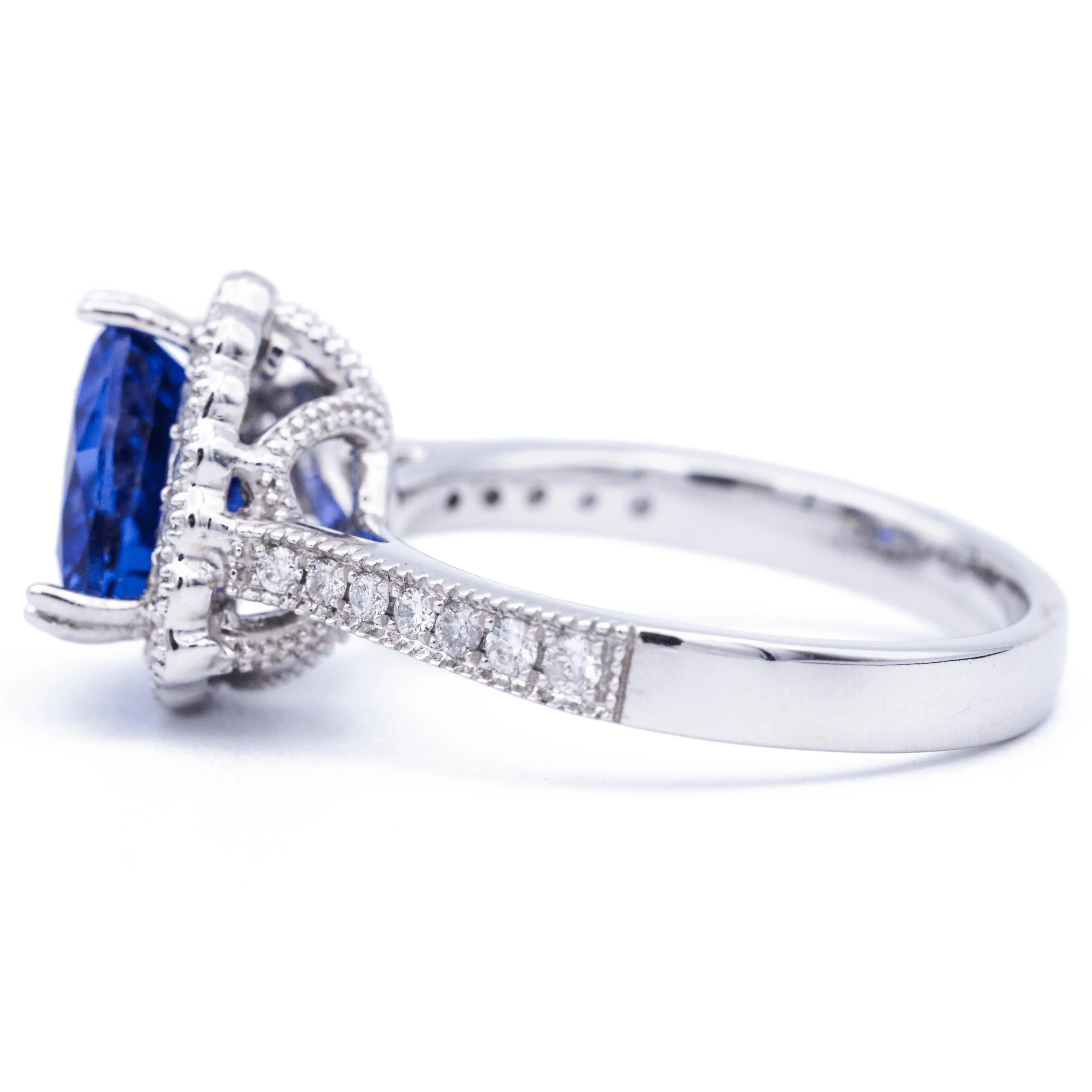 8mm Blue Sapphire Trillion Chatham 14K White Gold Halo Ring