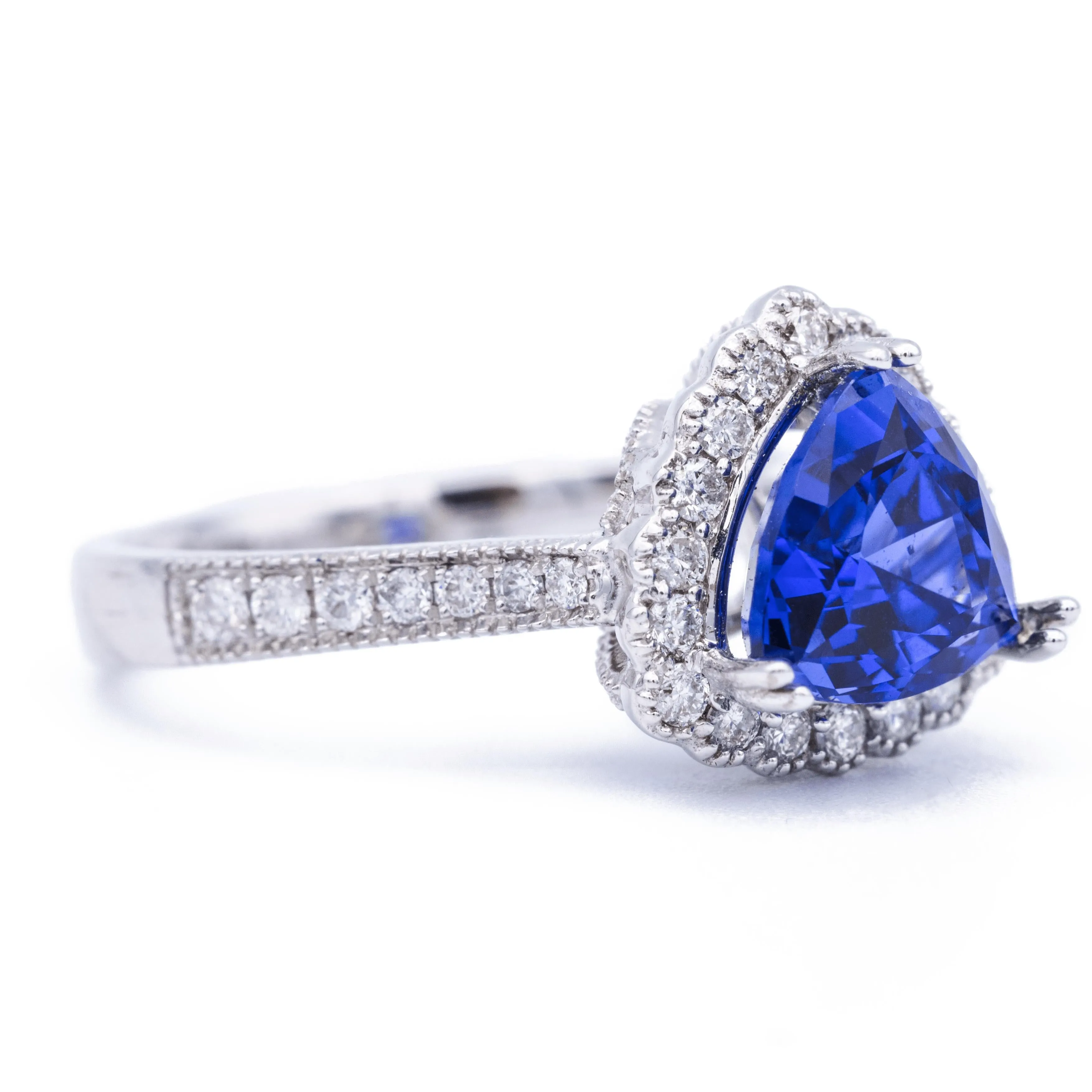 8mm Blue Sapphire Trillion Chatham 14K White Gold Halo Ring